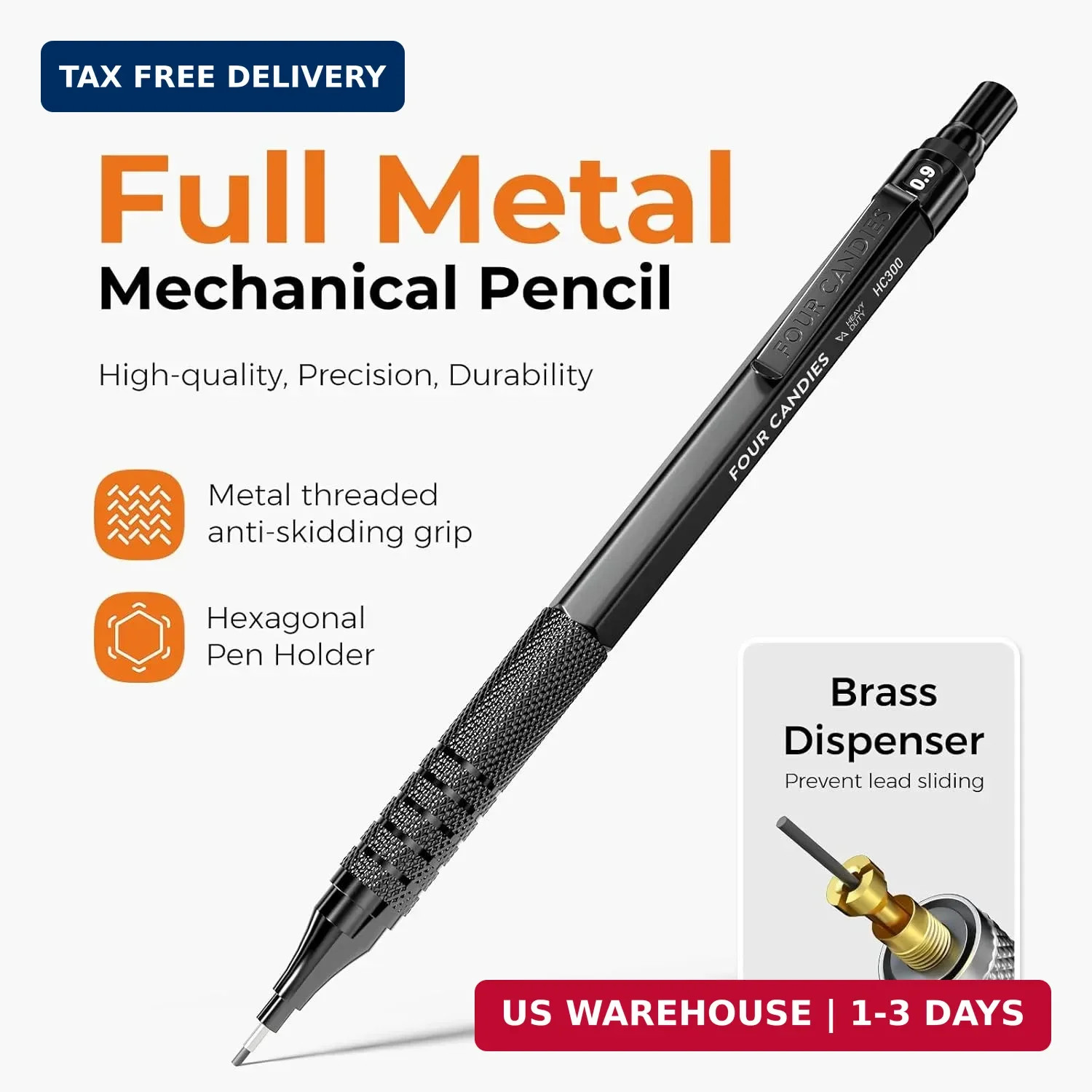 Four Candies Metal Mechanical Pencil Set, 3PCS Art Drafting Pencils 0.5, 0.7, 0.
