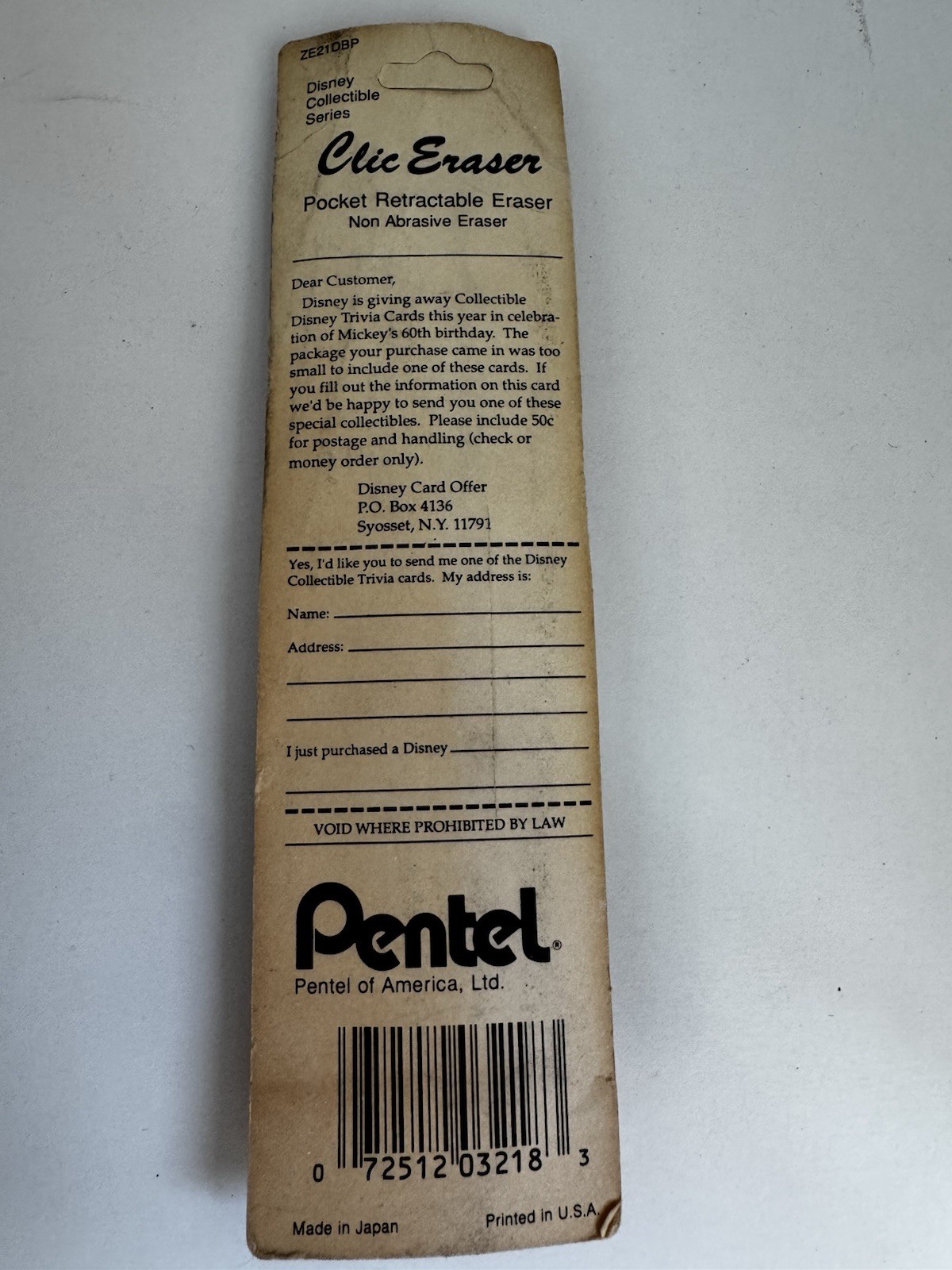 Vintage Retro Pentel Clic Eraser Disney Mickey Mouse Pocket Retractable CIB
