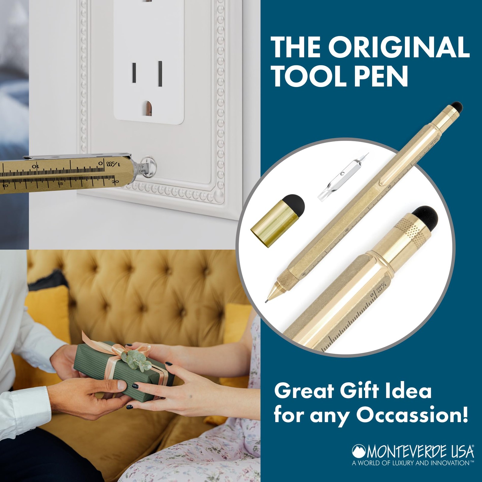 USA 9-in-1 Tool Mechanical Pencil in Brass – Hand-Machined Multifunctional Pe…