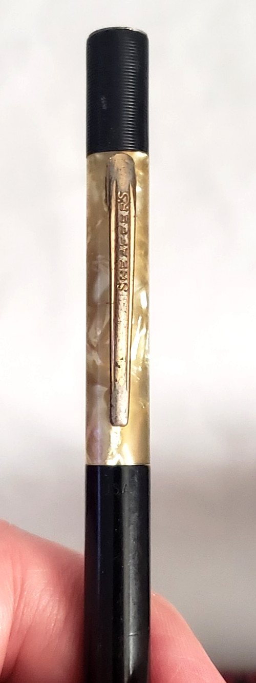 1930s Sheaffer Balance Mechanical Pencil Black & Pearl Celluloid, Separated View