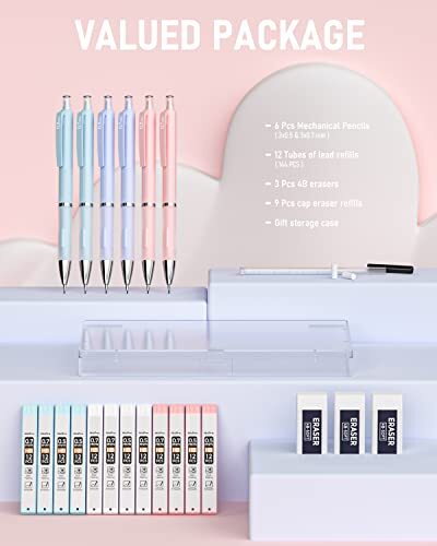 6PCS Pastel Mechanical Pencil Set with 12 tubes HB Lead Refills, 0.5 & 0.7 mm