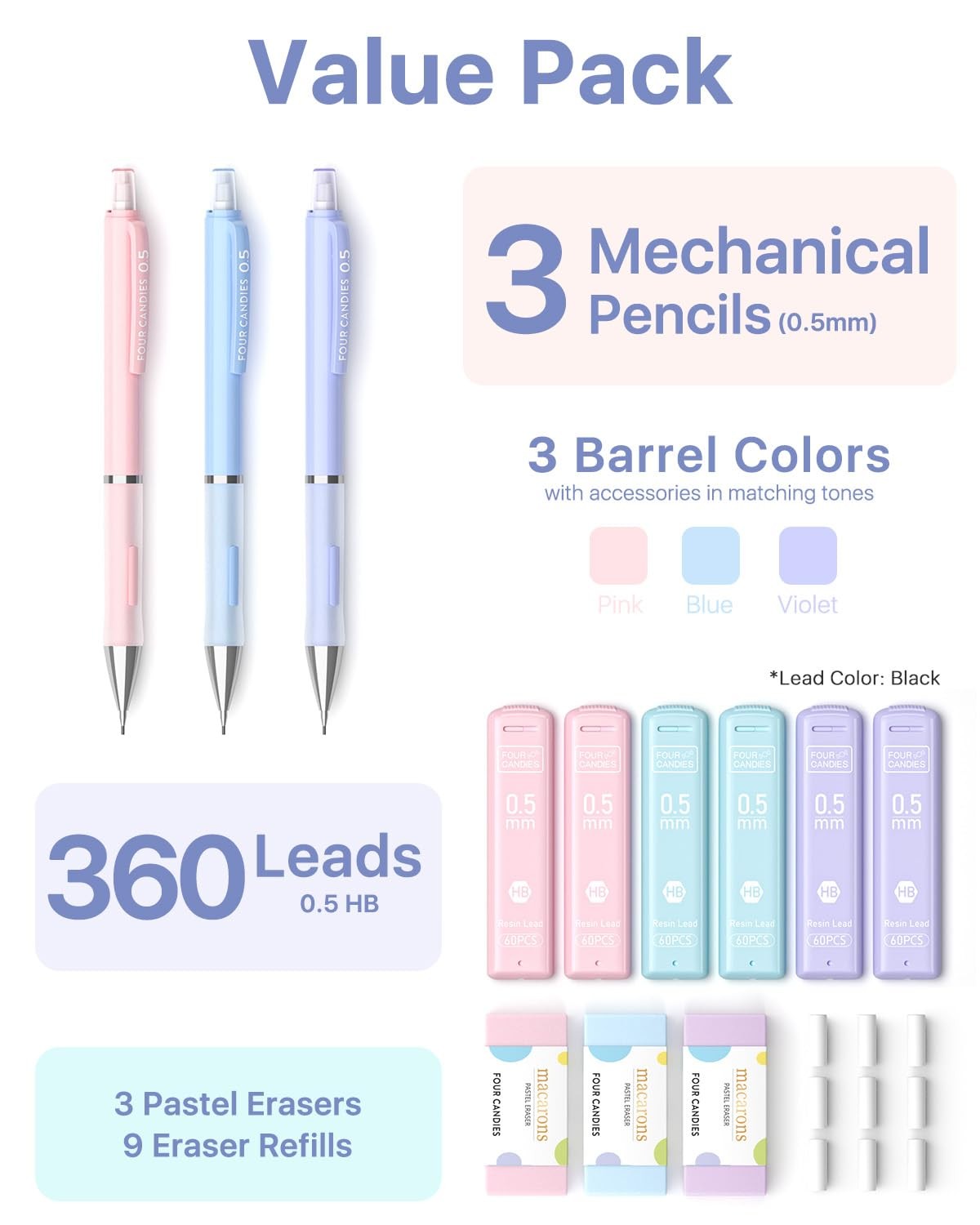 0.5mm Cute Mechanical Pencils Set 360 PCS Lead Refills Pastel Erasers Case