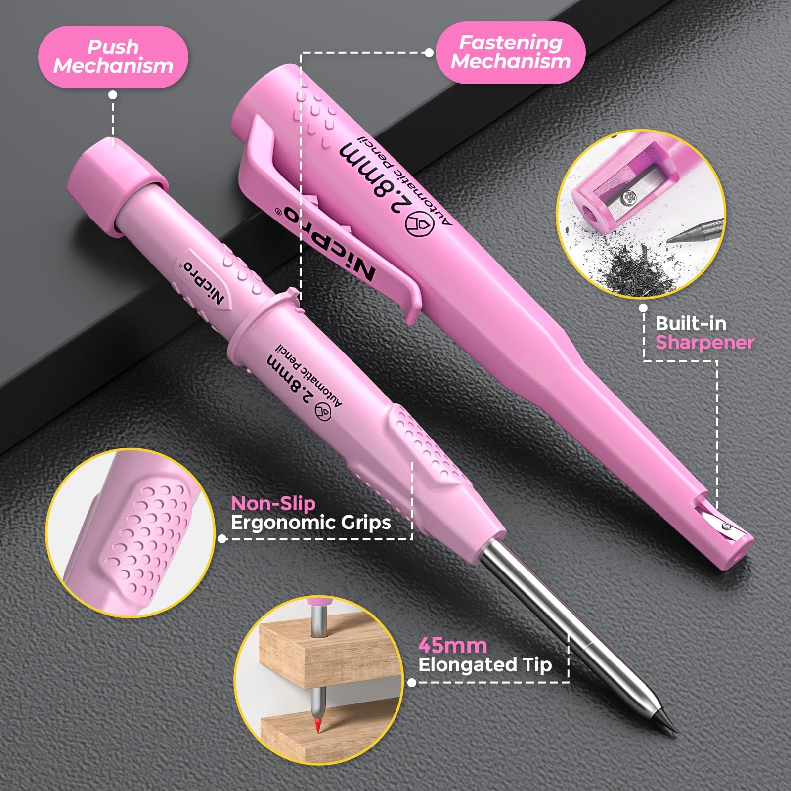 Nicpro CP3000 Carpenter Pencil with Sharpener, Construction Mechanical Pink