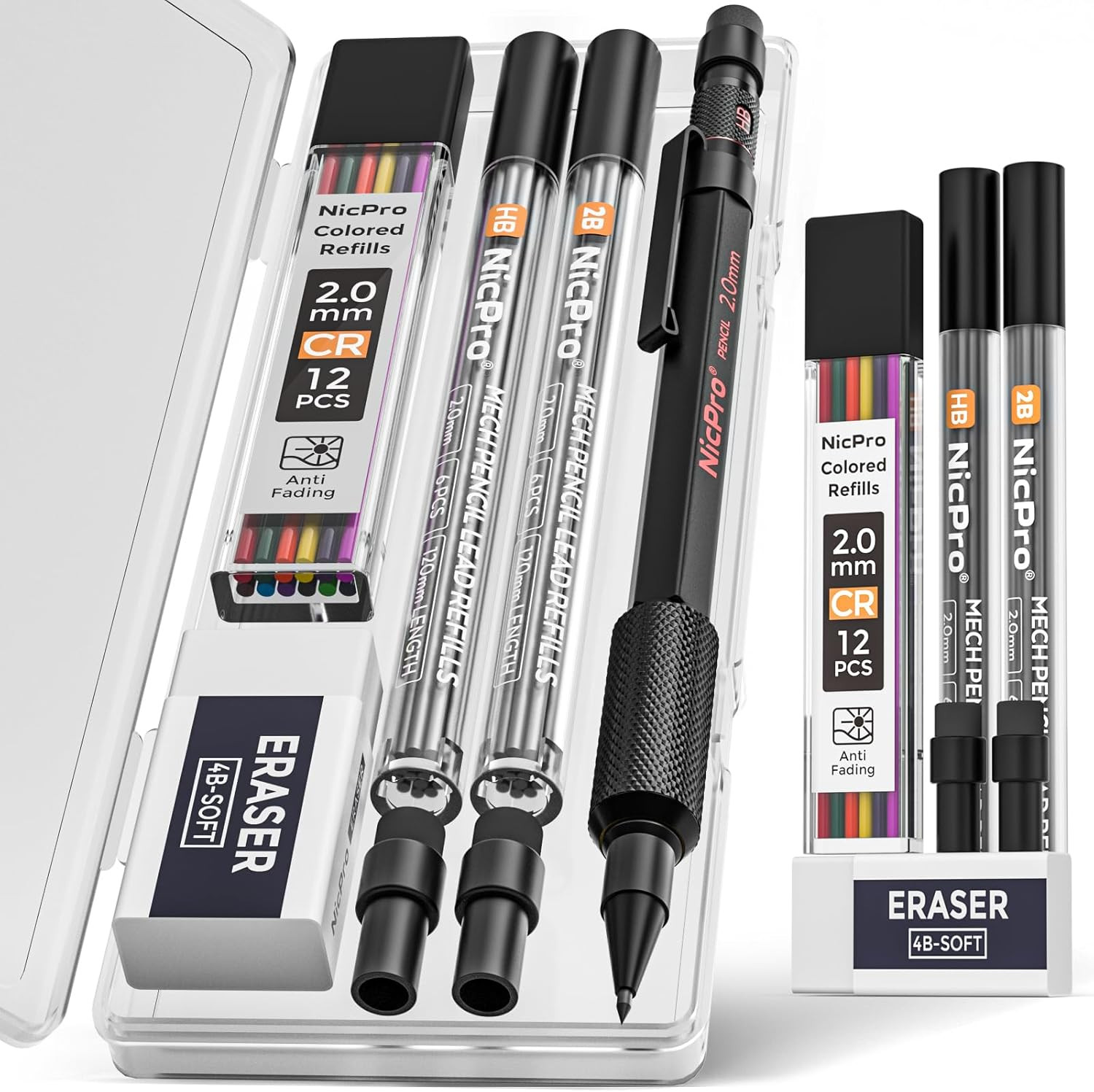 2mm Mechanical Pencils Set with Case, 12 Black & Colored Lead Refills, Erasers –