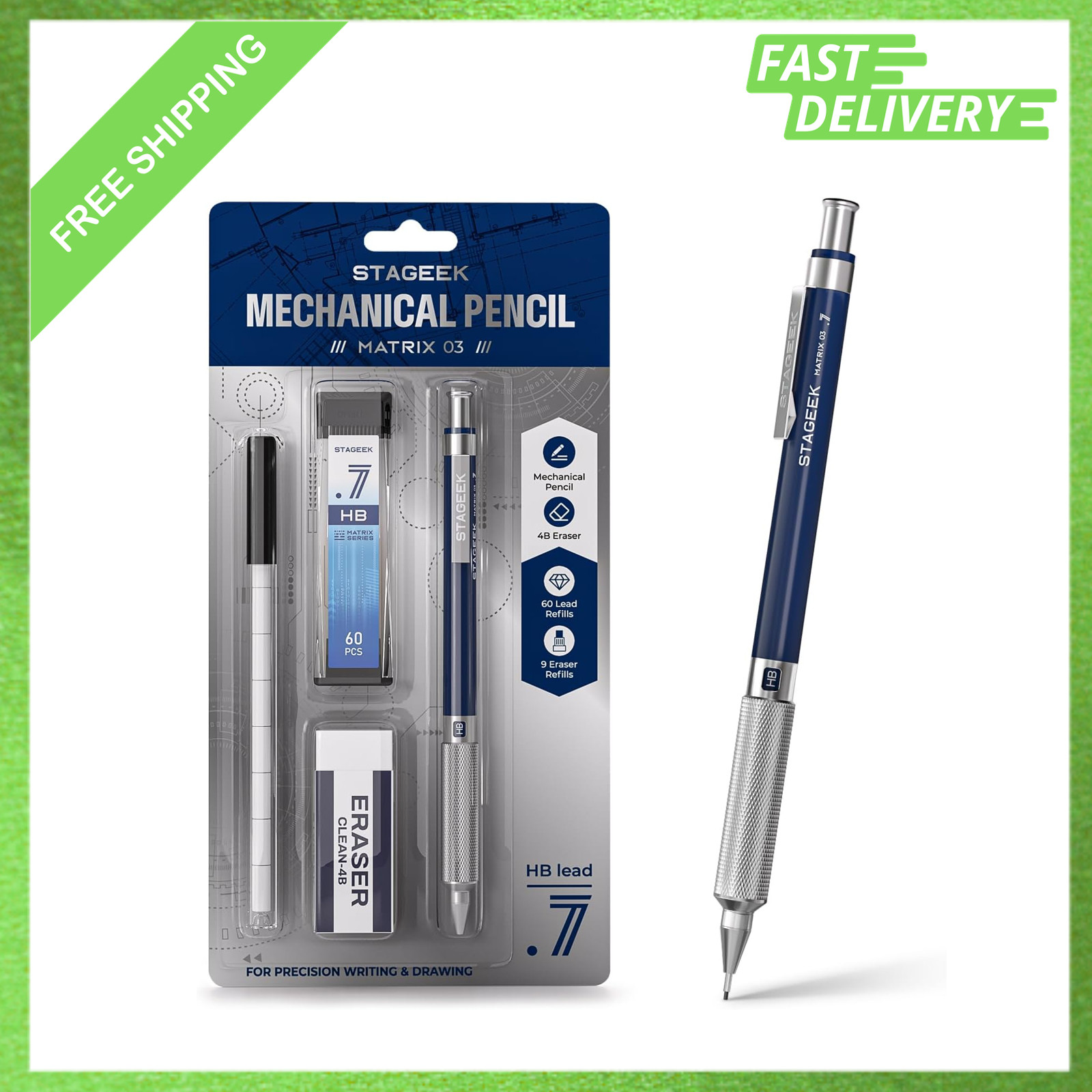 Mechanical Pencil, 0.7mm, Metal Drafting and Art Pencil, HB Lead Refills
