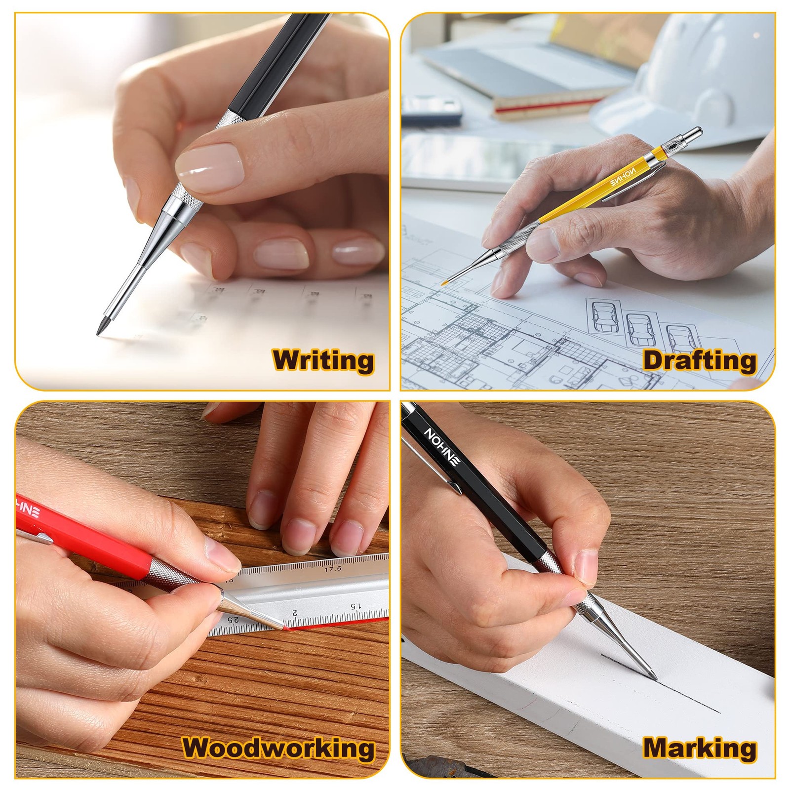 Enhon 3 Pcs 2mm Mechanical Carpenter Pencil Set with 36 Marker Refills and Sharp