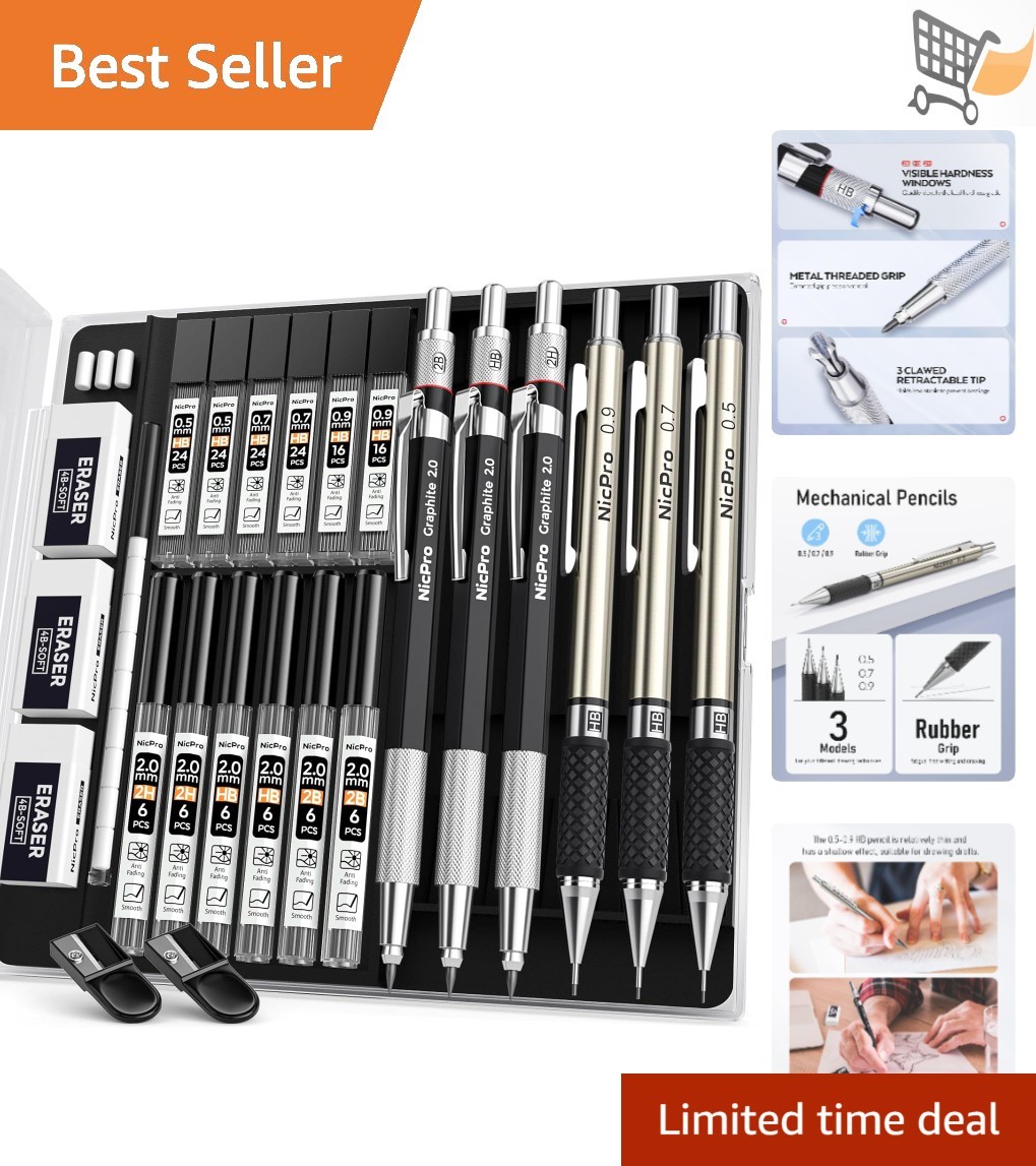 Art Mechanical Pencil Set 6Pcs Metal Drafting Lead Holder Erasers Sketching