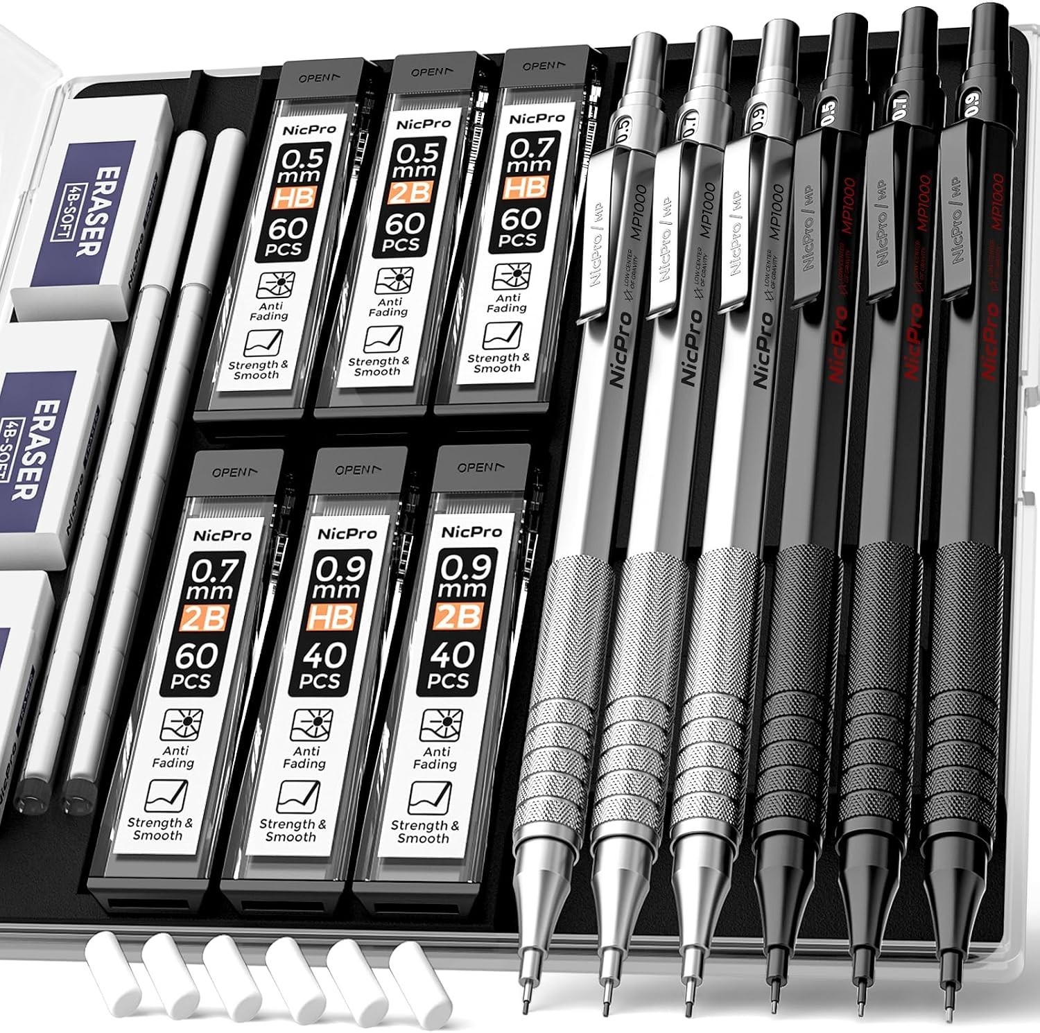 0.5 & 0.7 & 0.9 mm Metal Mechanical Pencil Set with Case, 6PCS MP1000 Artist …