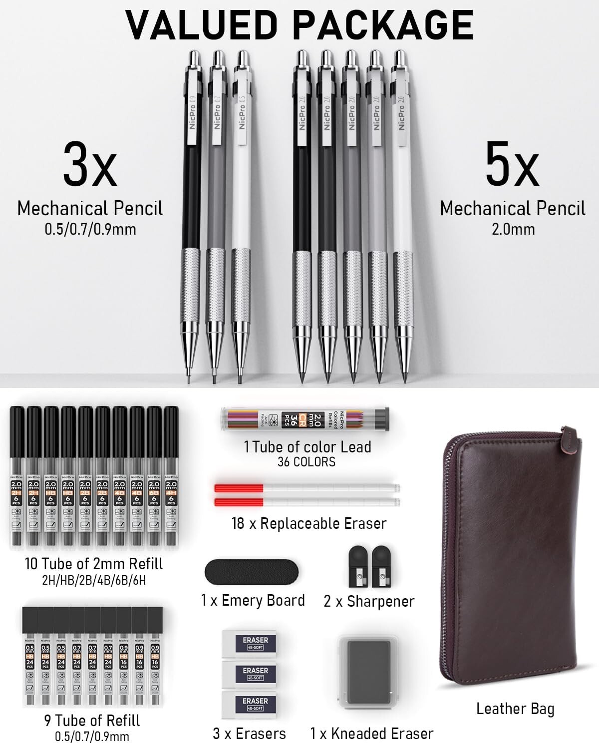 Professional 38PCS Mechanical Pencils Set with Multi-Hardness Leads & Erasers