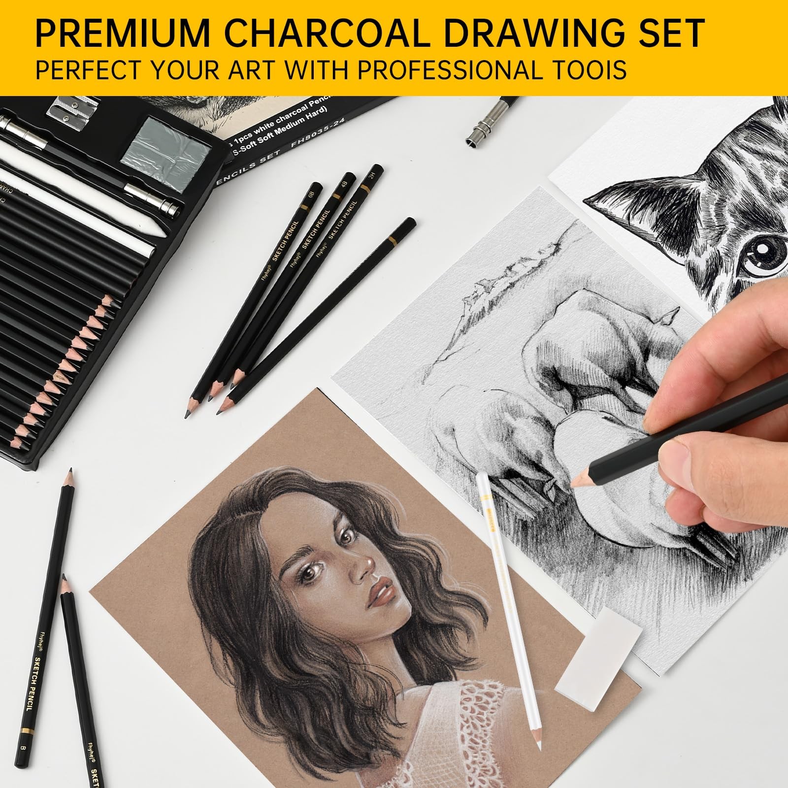 24-Piece Drawing Pencil Set – 14 Graphite Sketch Pencils (14B-4H), 4 Black