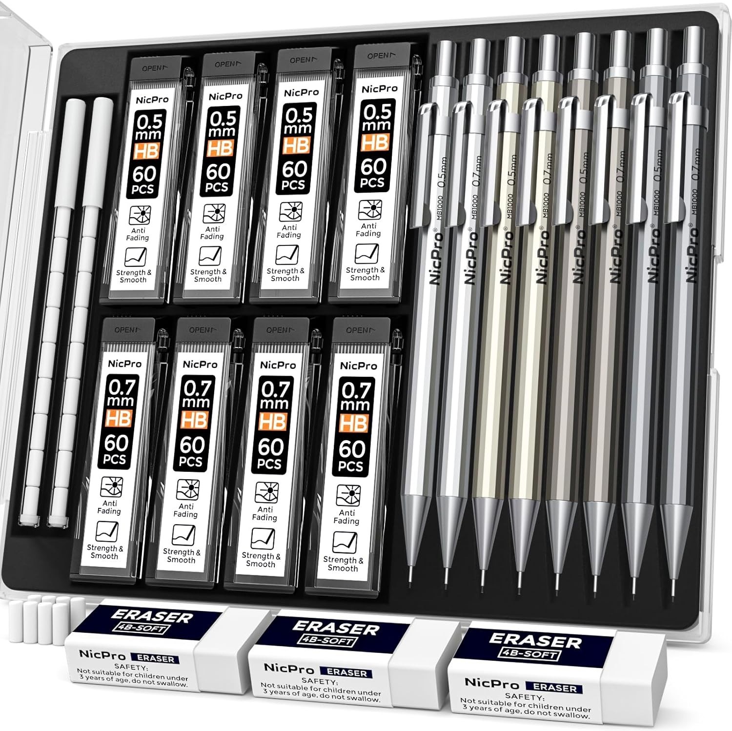 8 Pack Metal Mechanical Pencil Set – 0.5mm & 0.7mm for Artists & Professionals