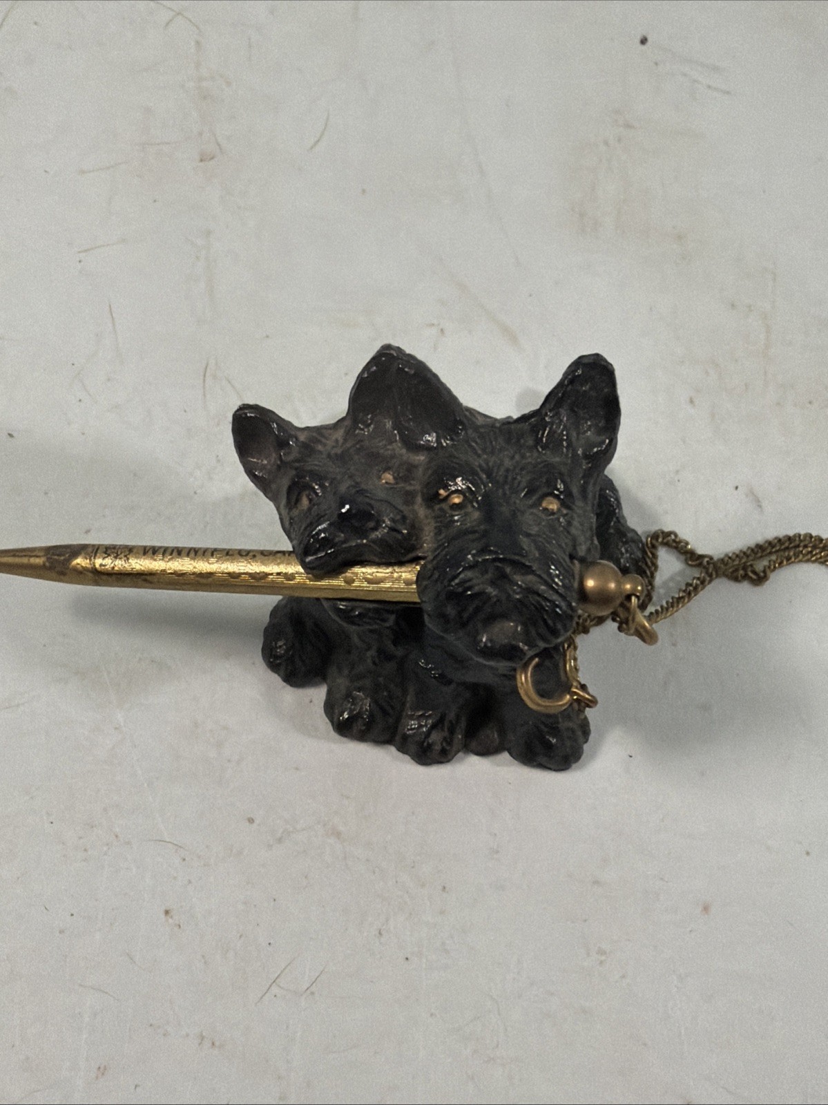 VTG MCM Solid Metal Scottie Dogs Leashed w/Chain Pencil holder Ge3