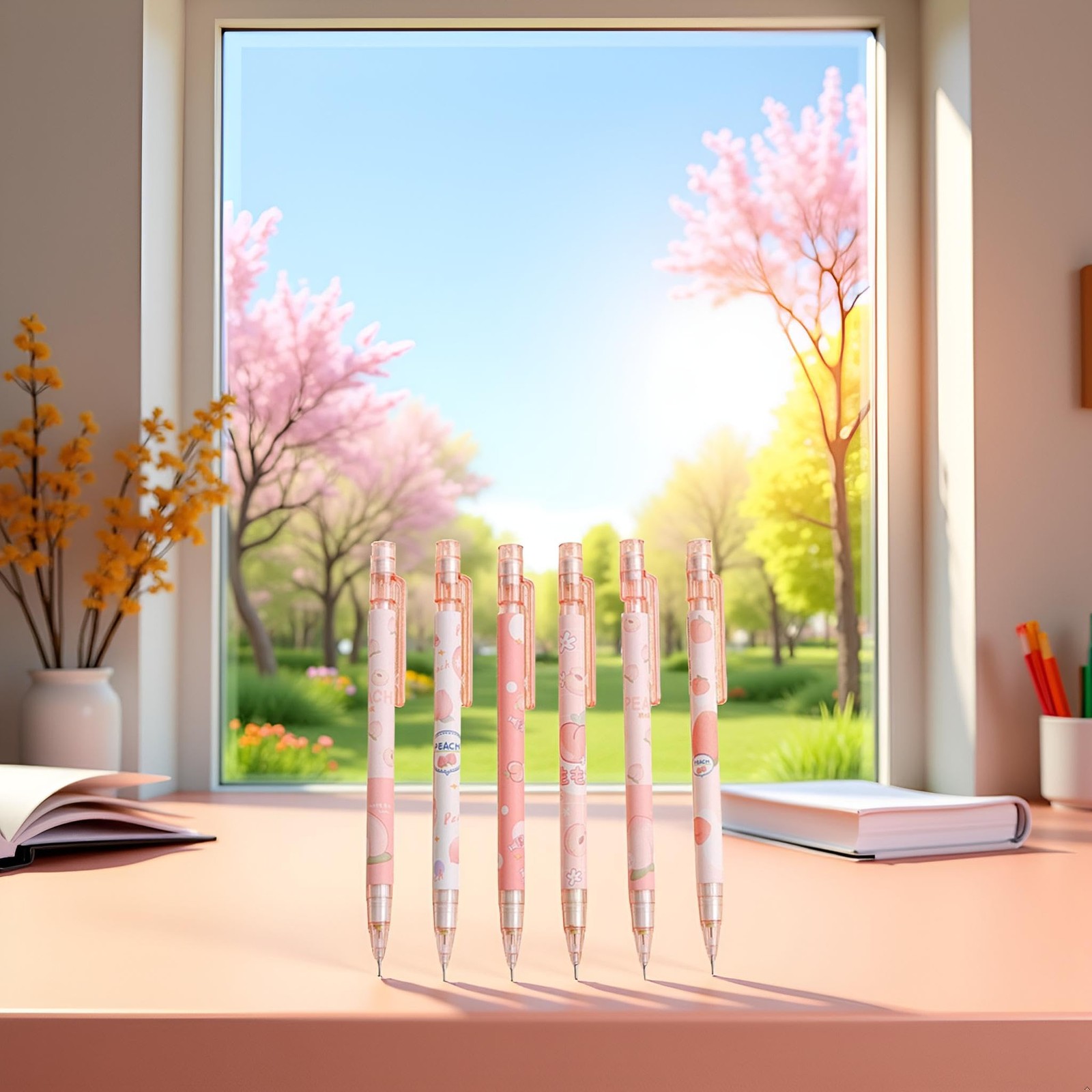 6 Pcs Cute Mechanical Pencils With Top Erasers Peach Automatic Pencils Statio…
