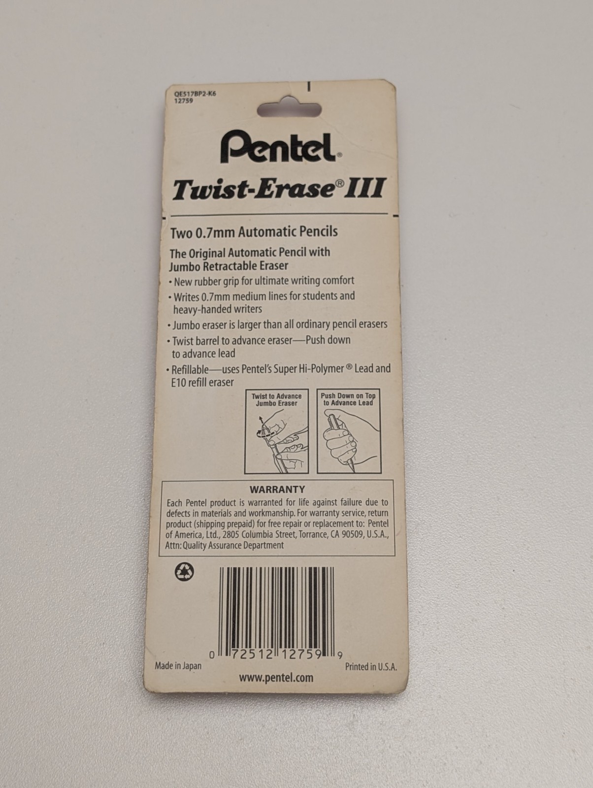 Pentel Twist-Erase III Mechanical 2-Pack, Black, 0.7mm Automatic Pencils, New