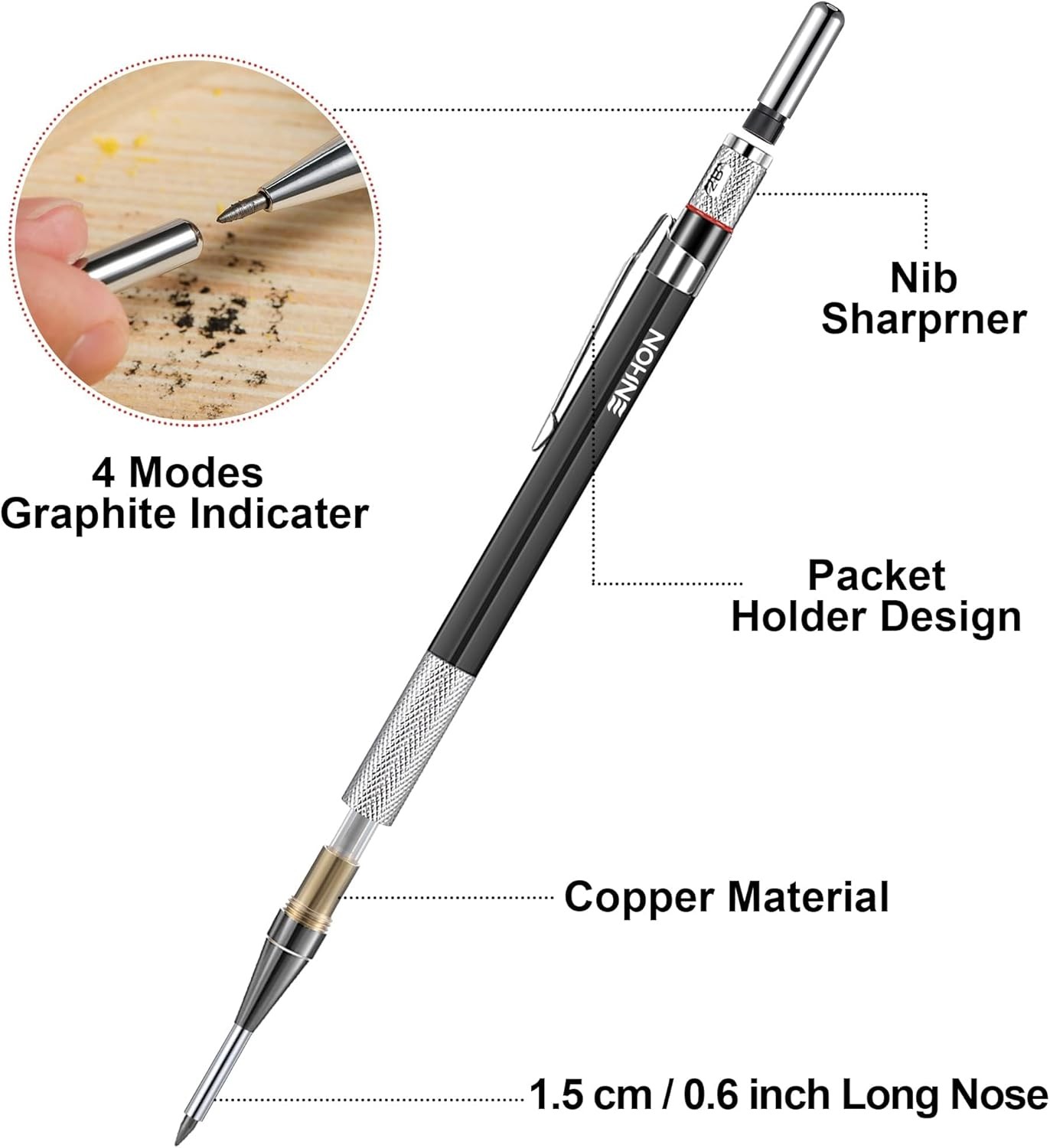 Enhon 2mm Mechanical Carpenter Pencil Set with 12 Marker 2 Piece Set, Black