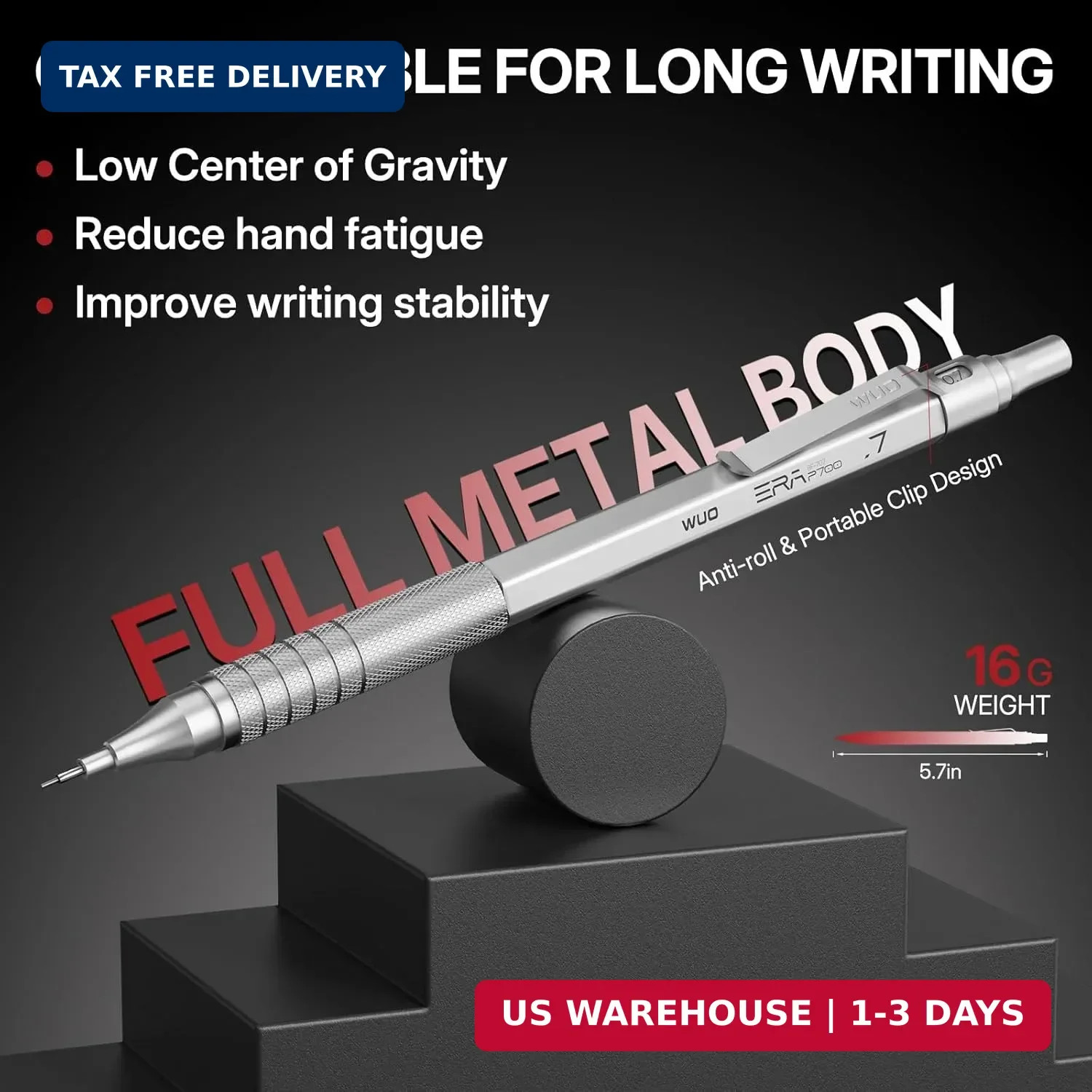 WUO Mechanical Pencils 0.7mm, 3 Silver Metal Drafting Pencils with 480 HB Lead R