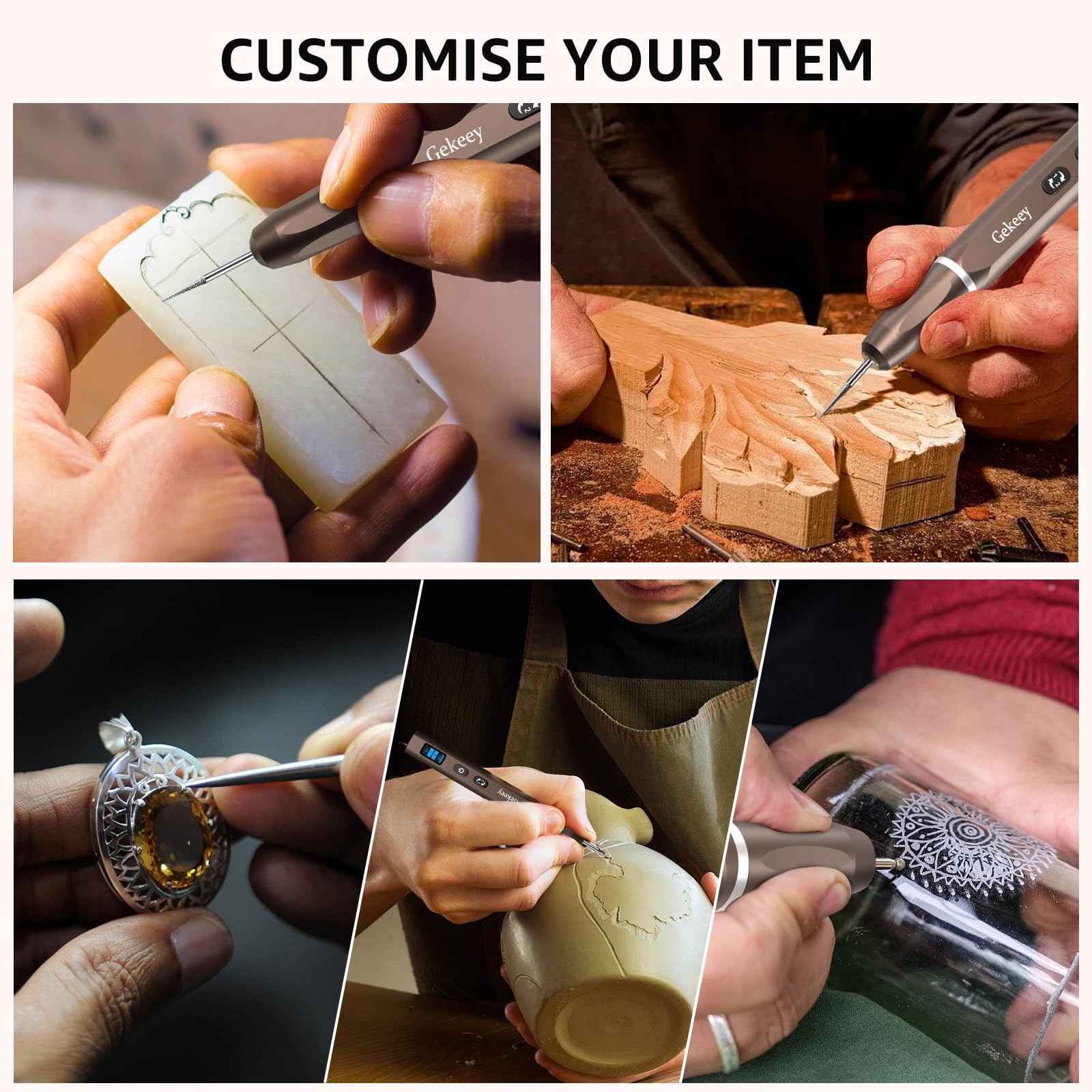 Gekeey Electric Engraving Pen, Cordless Rechargeable Mini Rotary Tool Brown