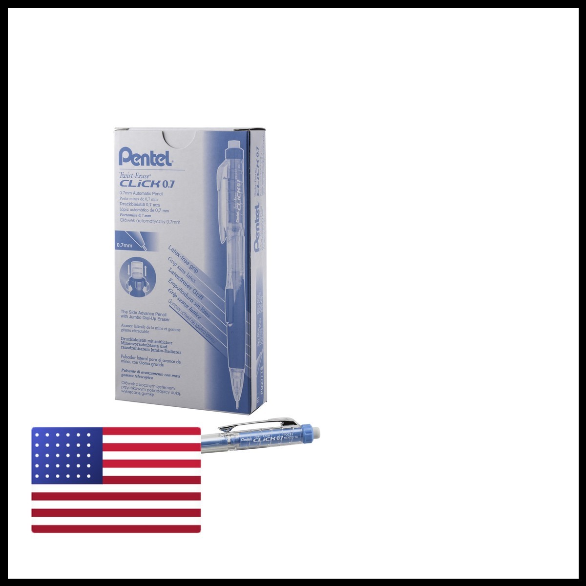 Pentel Twist-Erase CLICK Mechanical Pencil 0.7mm CLEAR Barrel Sky Blue 12 Pack