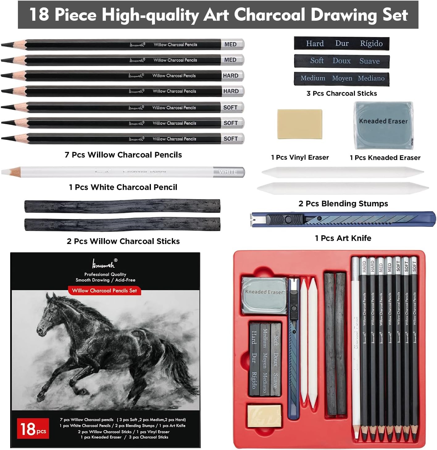 Charcoal Pencils for Drawing, 18 Pcs Art Pencil Kit, Professional Black,White
