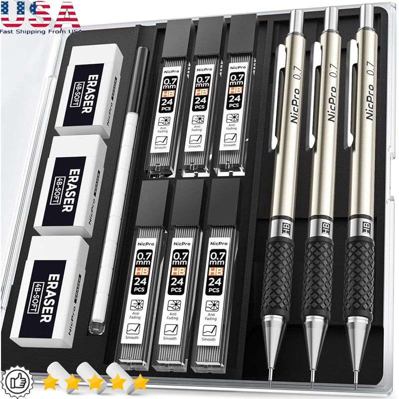 Mechanical Pencil Set 0.7mm W/ Lead Refills Erasers Ideal Artists Students New