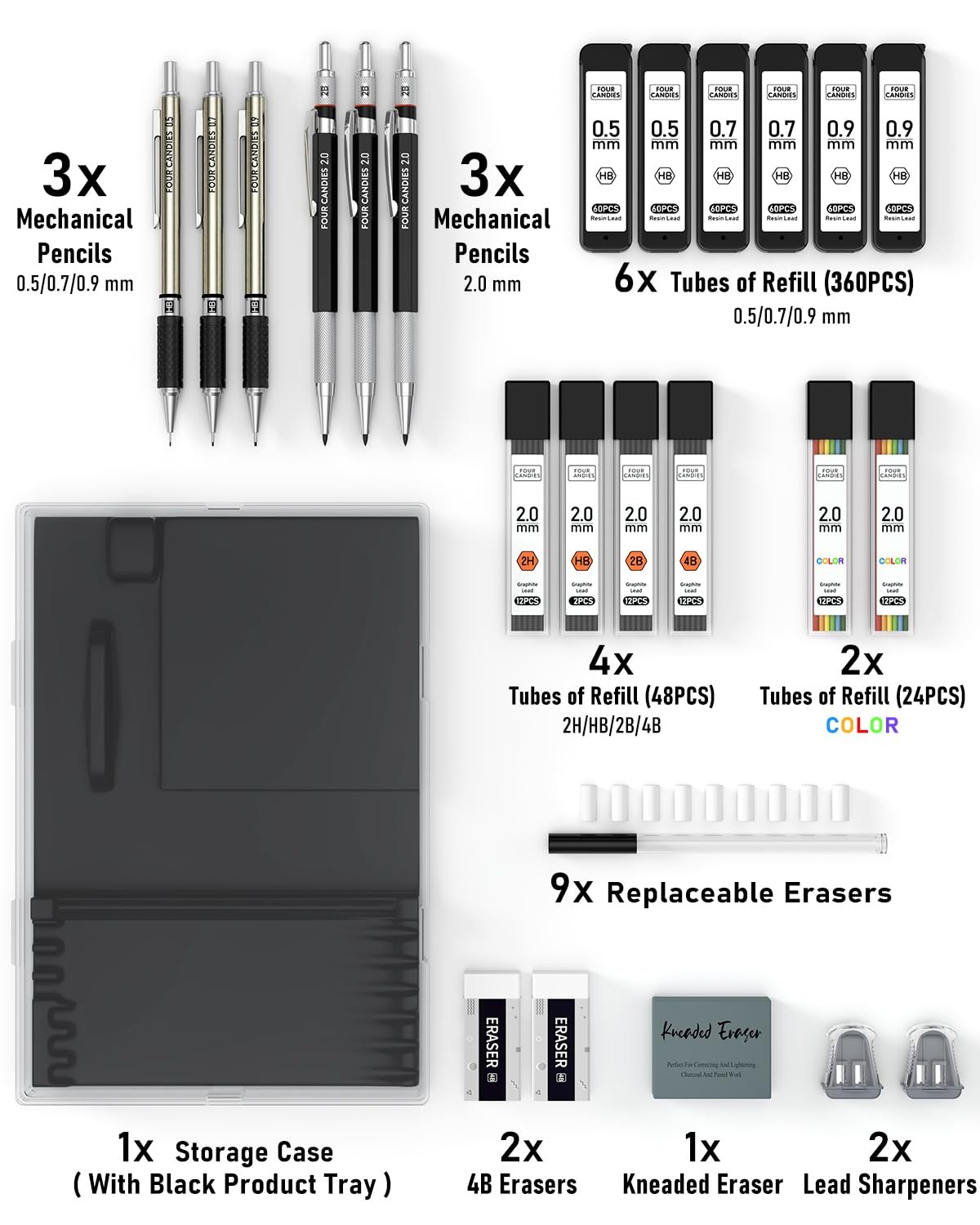 Four Candies 25PCS Art Mechanical Pencil 1 Count (Pack of 1), Black+Silver