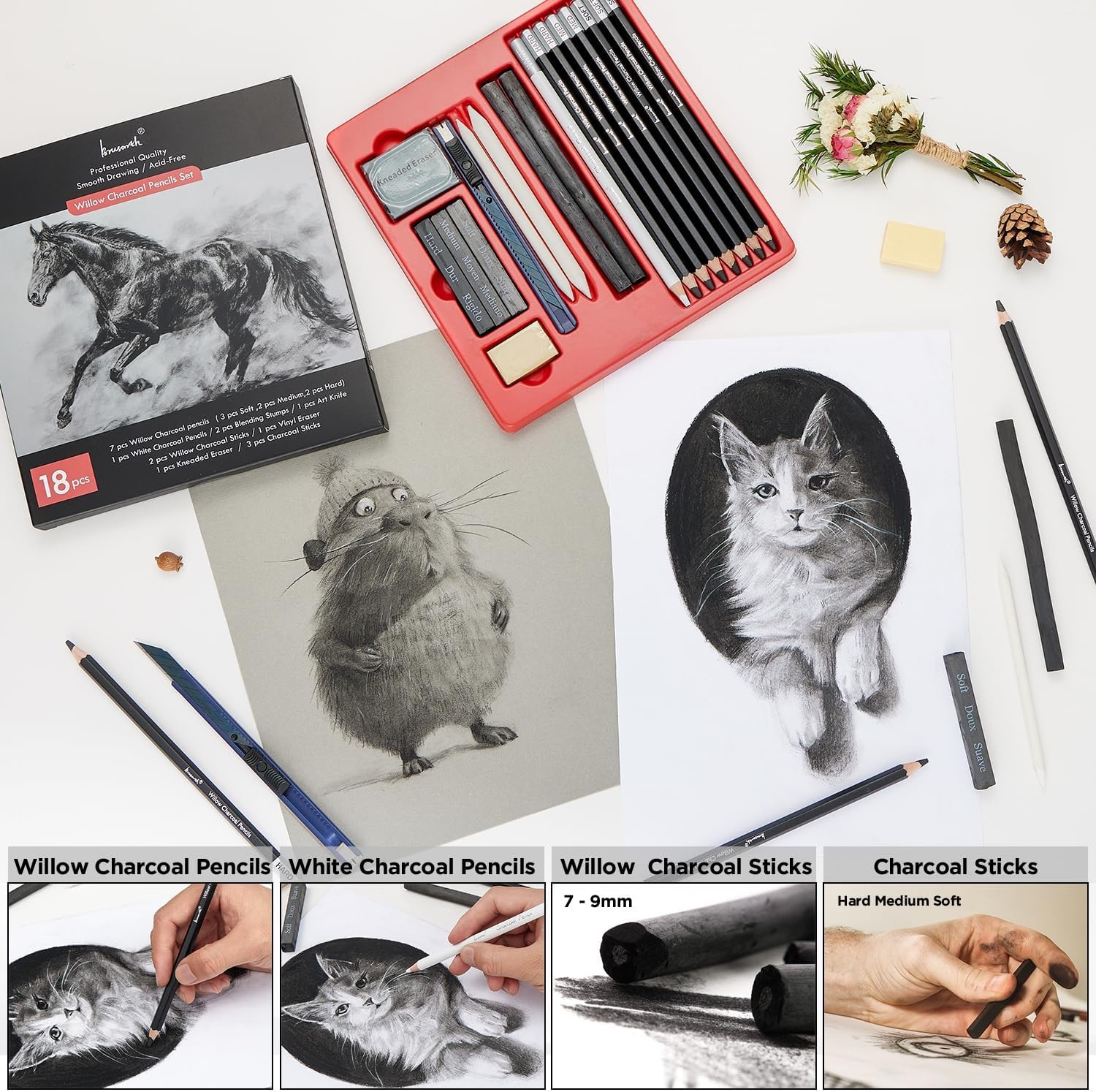 Charcoal Pencils for Drawing, 18 Pcs Art Pencil Kit, Professional Black,White