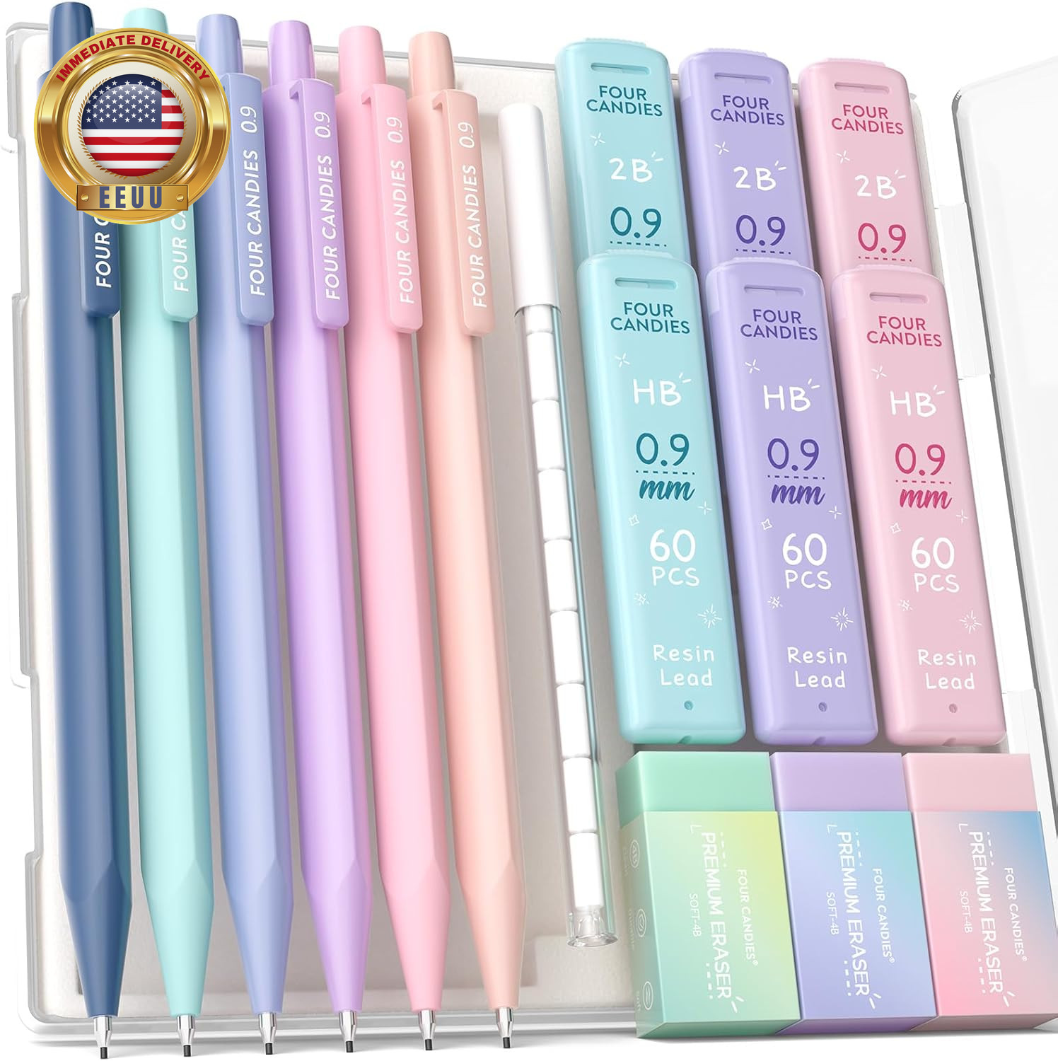 6PCS Aesthetic Mechanical Pencil Set 0.9Mm with 360 HB/2B Leads, 12 Erasers – Cu