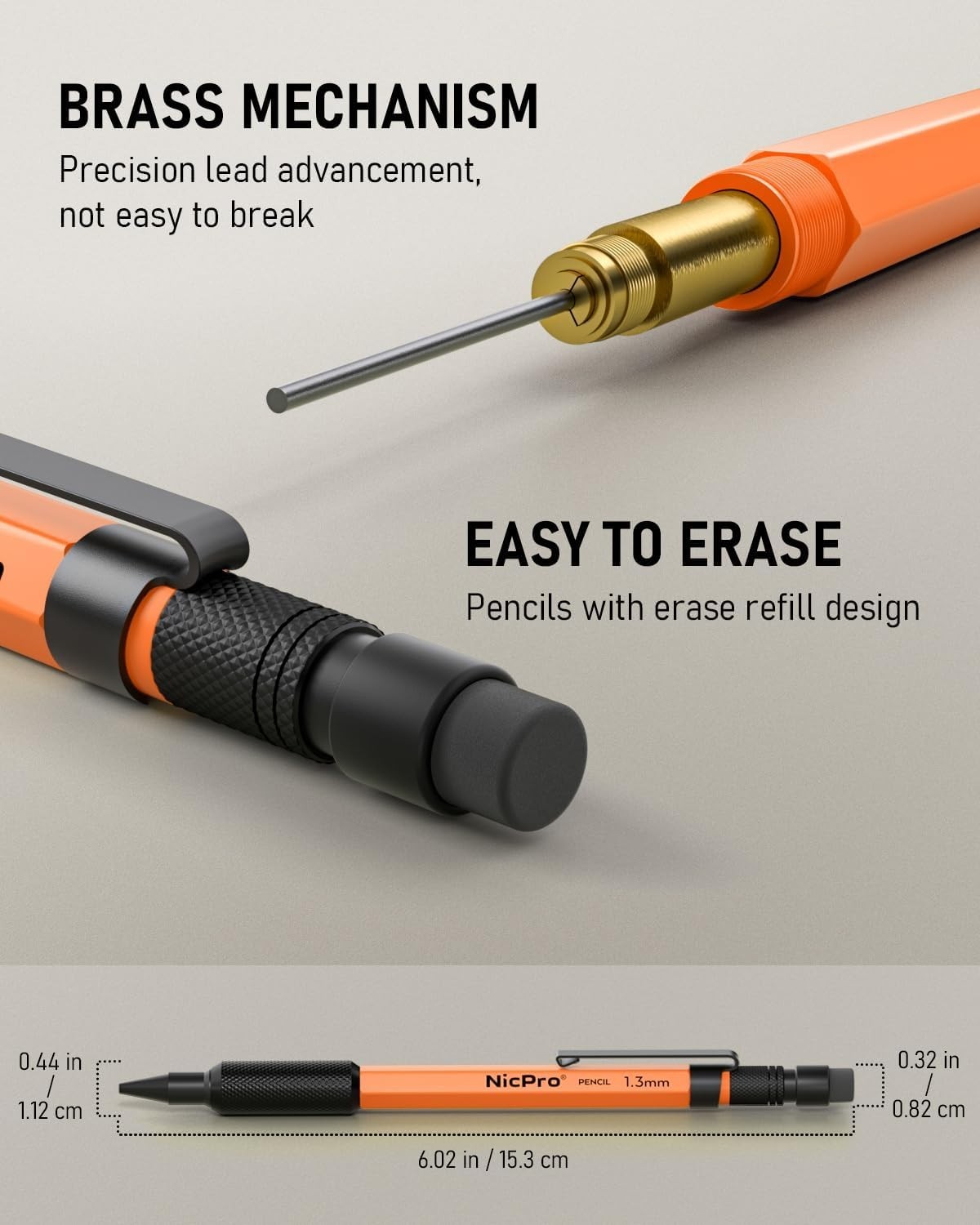 3 PCS Retractable Orange Mechanical Pencils Set with 66 Lead Refill & Erasers