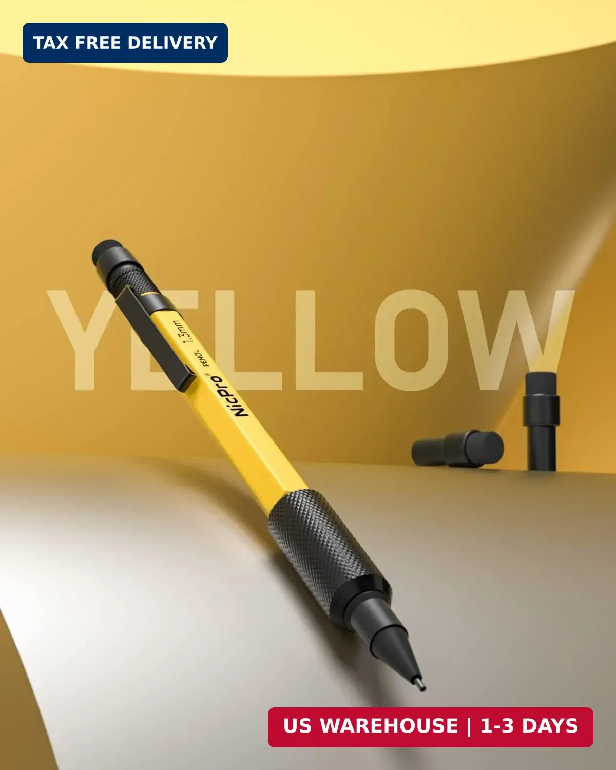 Nicpro MP2000 1.3mm Metal Mechanical Pencil Set with Case (Yellow) | 12 Black Le