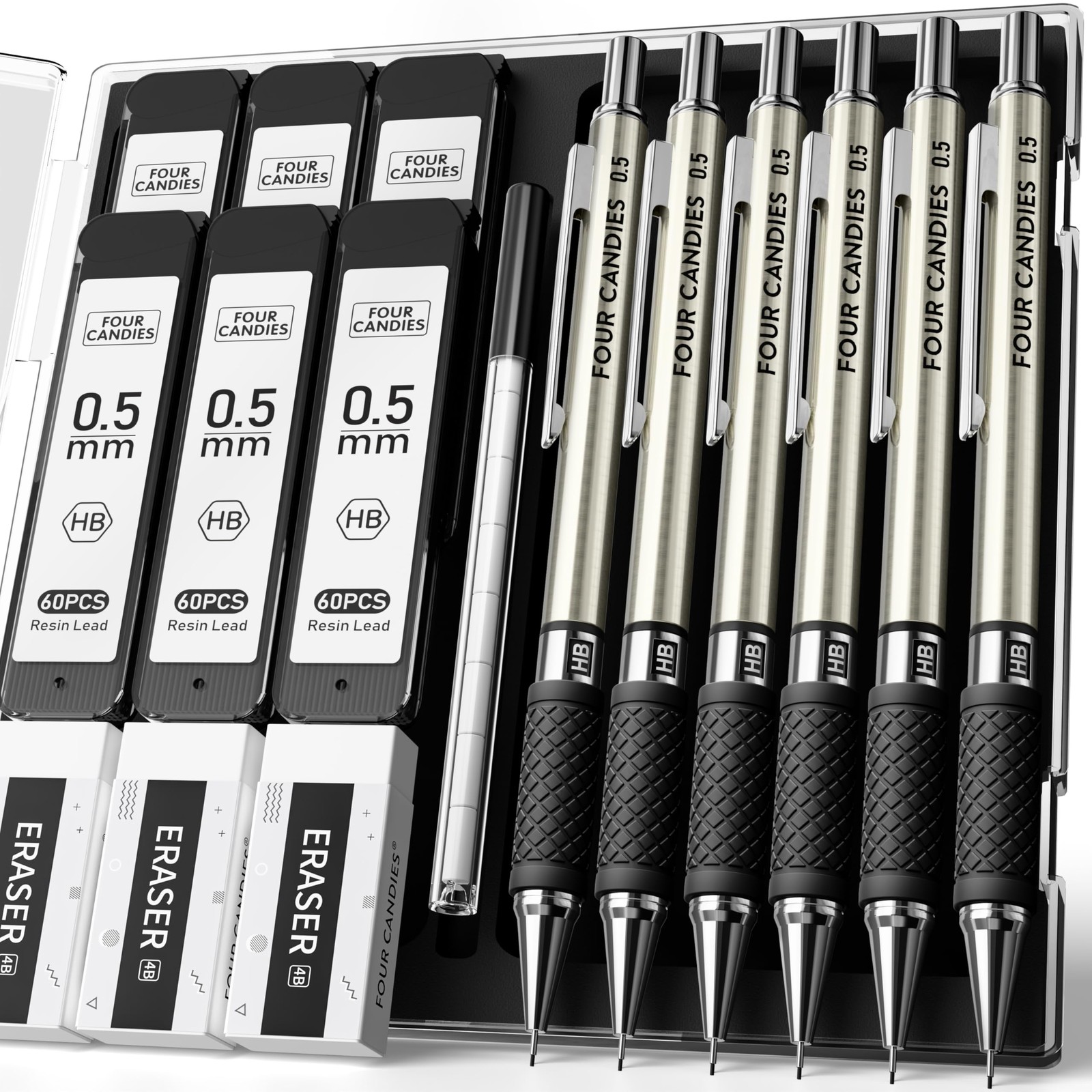 6 PCS Metal Mechanical Pencil Set 0.5 mm Fine Point 360 Leads 12 Erasers Art