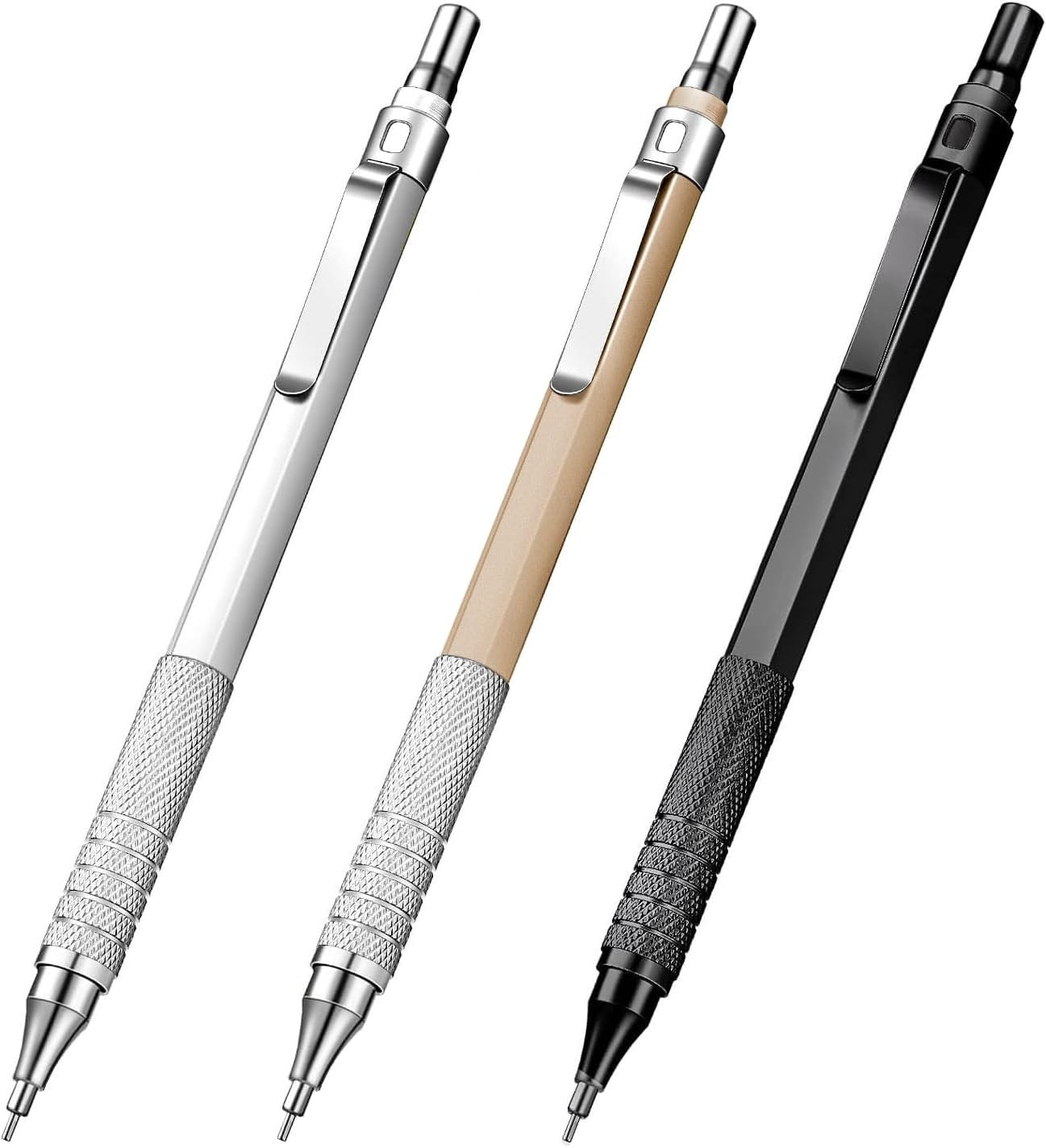 3 Metal Mechanical Pencils 0.5mm, Hexagon Barrel, Metal Grip, Ergonomic Design