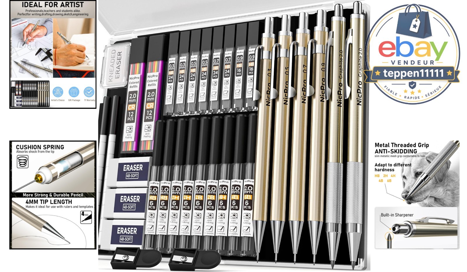 Mechanical Pencil Set 34PCS 0.3mm 0.5mm 0.7mm 0.9mm 2mm Lead Holder