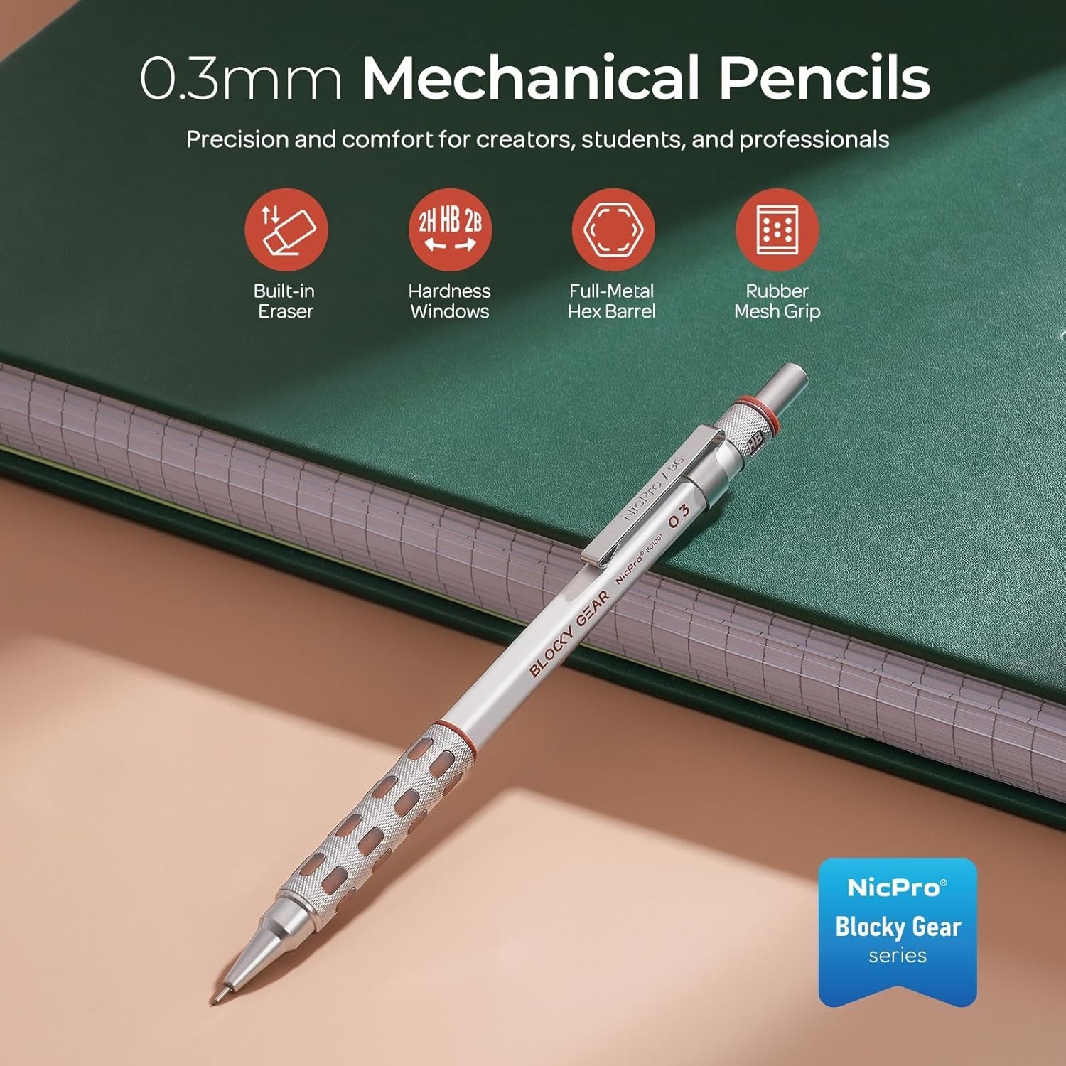 Blocky Gear 0.3 mm Mechanical Pencils Set in Case, Metal Pencil with Lead Ref…
