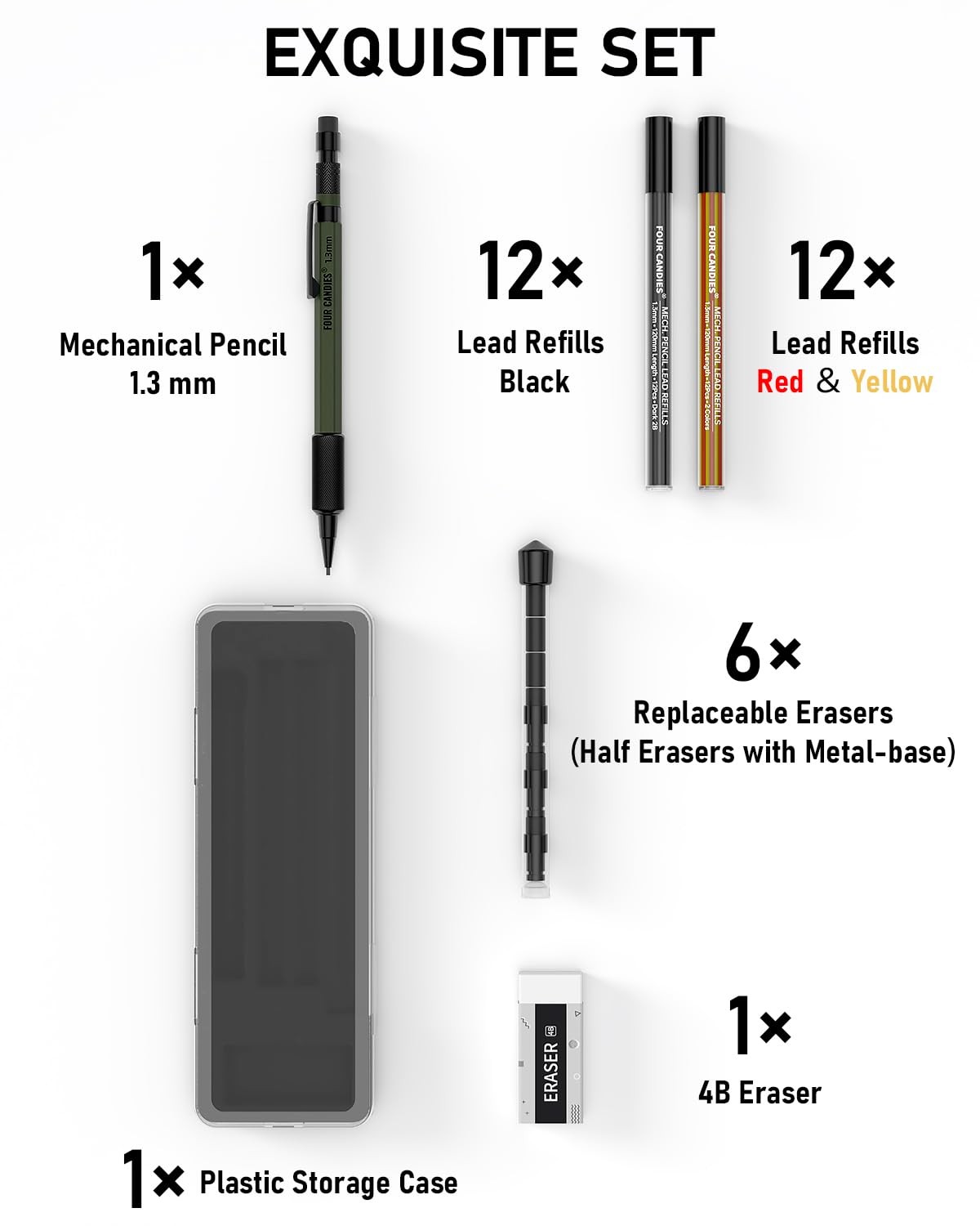 Four Candies 1.3mm Mechanical Pencil Set with 24 Lead Refills, 1-Pack, Green