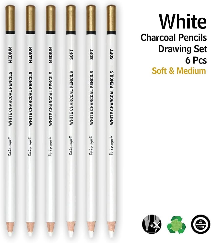dainayw 6 Pcs White Charcoal Pencils Drawing Set, 1 Count (Pack of 6),