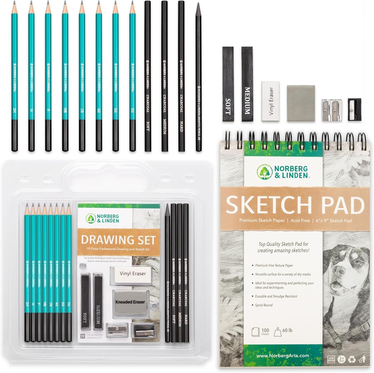 Drawing Set – Sketching and Charcoal Pencils – 100 Page Medium, black