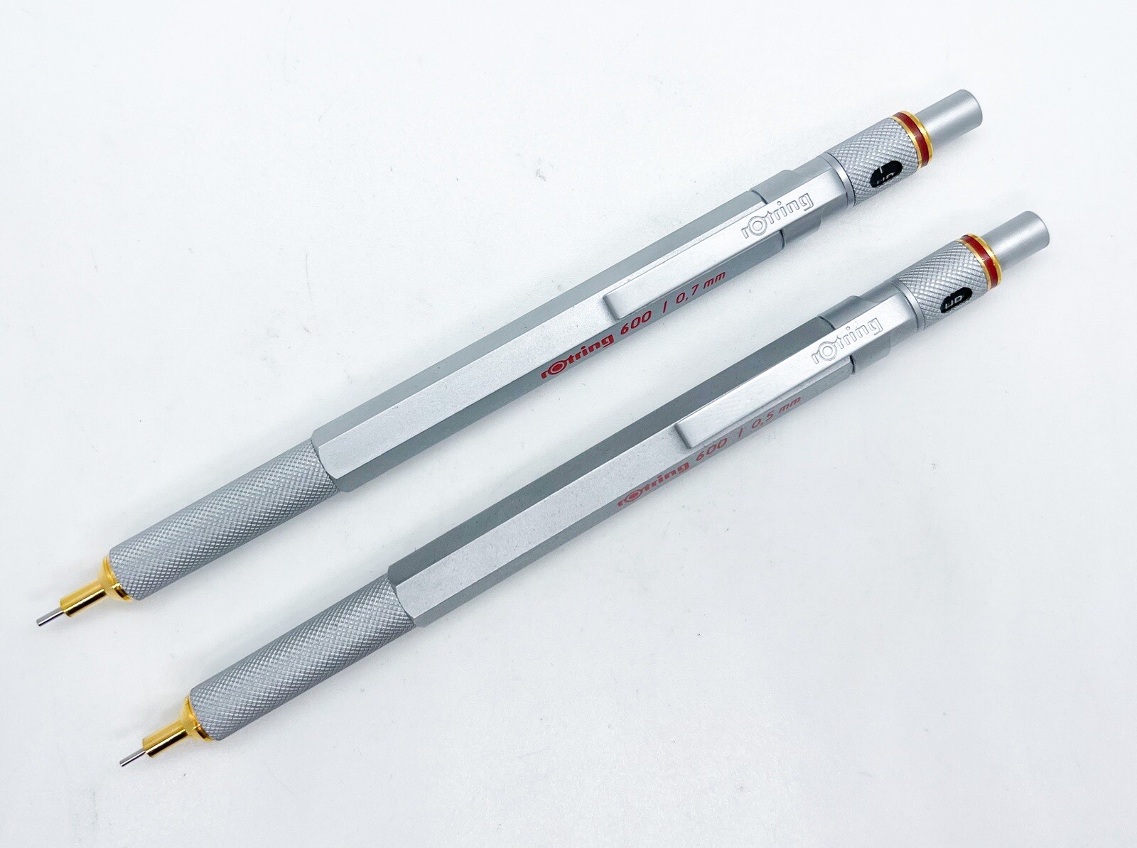 NOS Rotring 600 Gold Twist Retract Tip Mechanical Pencil Silver 2pcs Set 0.5/0.7