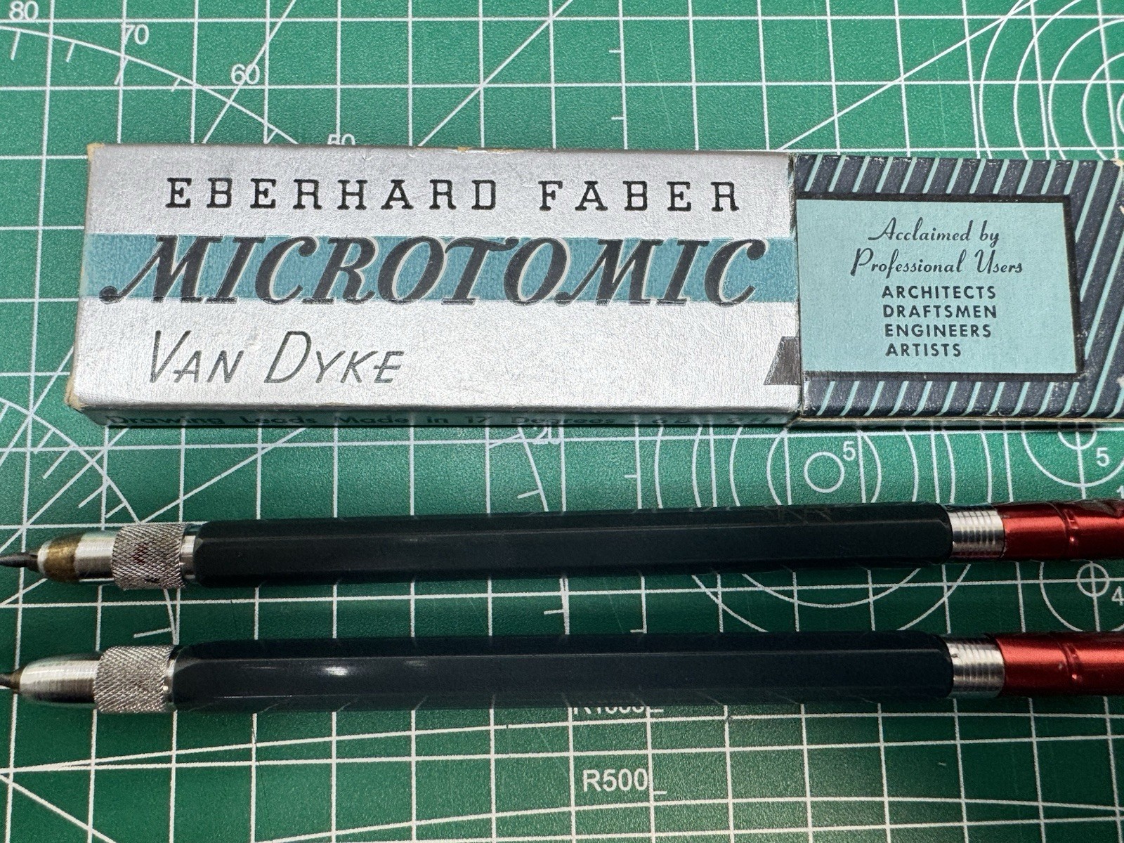 2 Eberhard Faber Microtomic Green Lead Holders with Van Dyke & Boxed 4H Leads