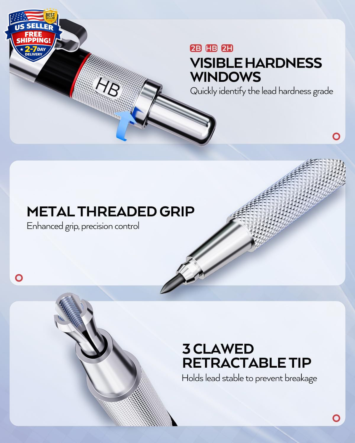 6PCS Art Mechanical Pencil Set, 3PCS Metal Drafting Pencil 0.5 mm & 0.7 mm & 0.9