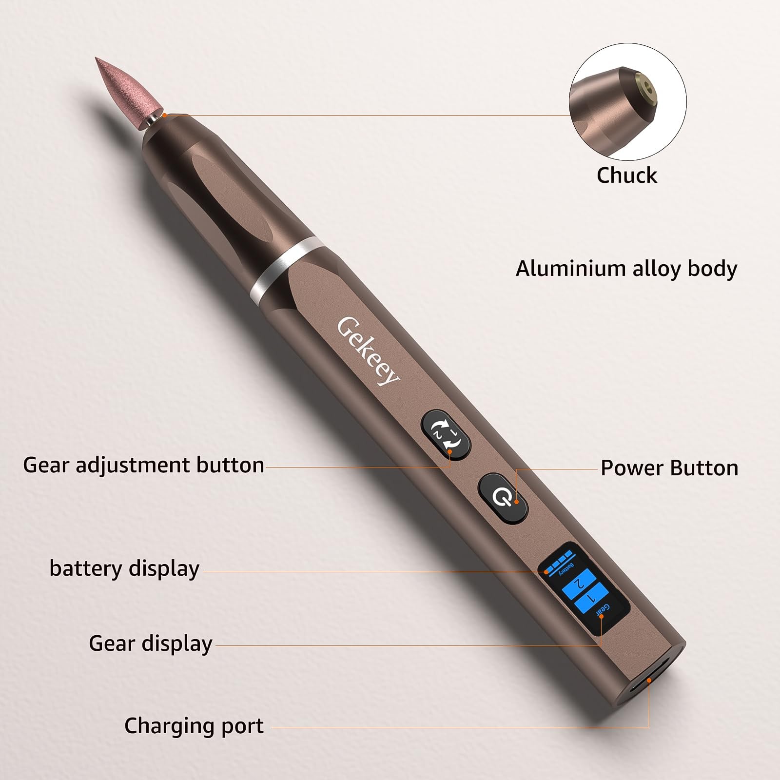 Gekeey Electric Engraving Pen, Cordless Rechargeable Mini Rotary Tool Brown