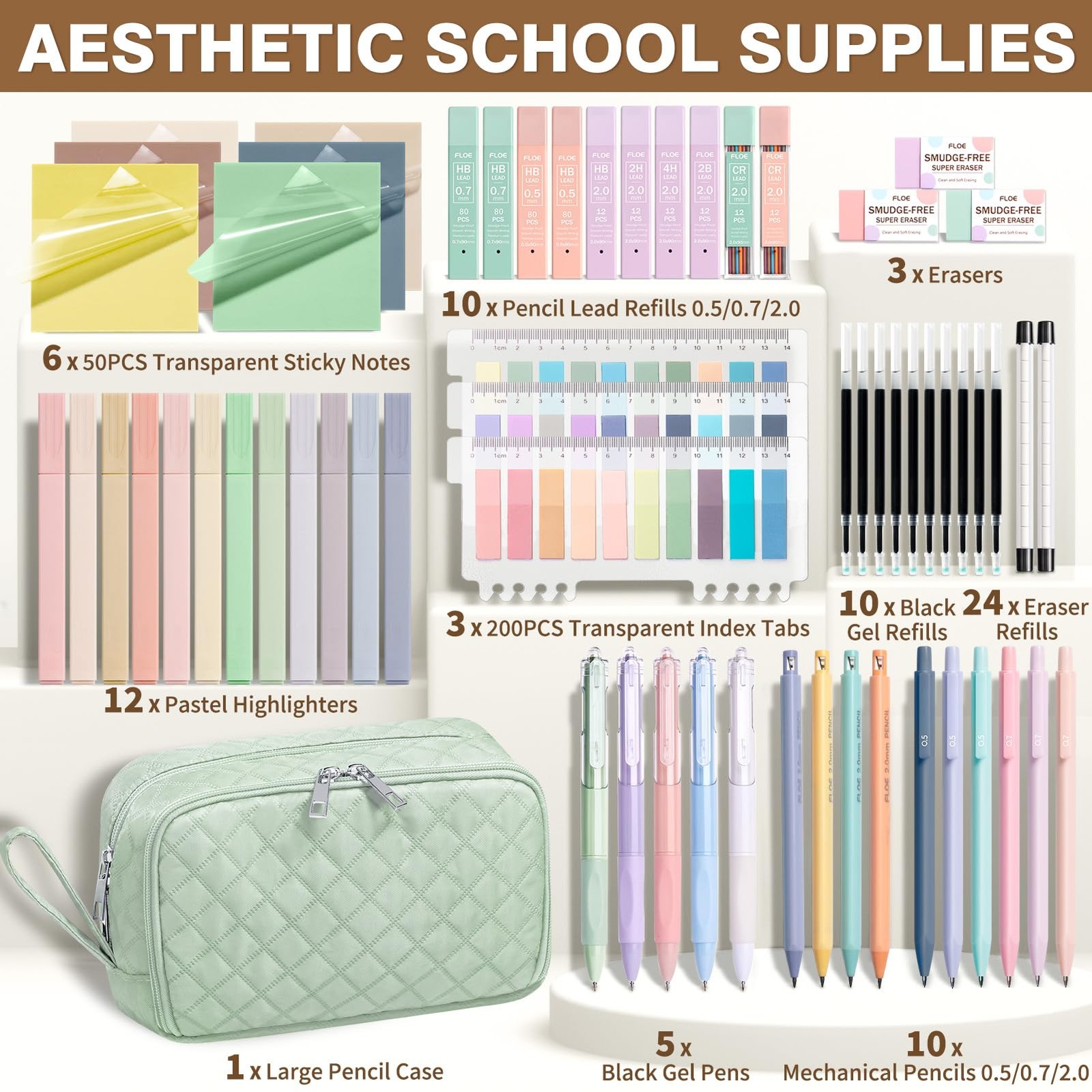 62PCS Aesthetic School Supplies with Cute Pencil Case, Pastel Highlighters Bl…