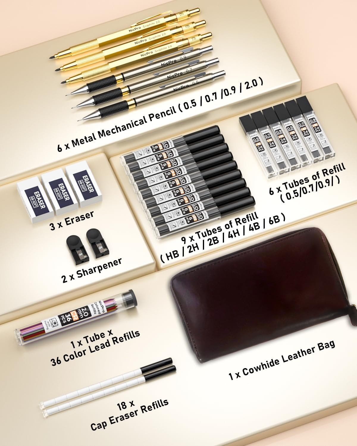 30PCS Art Mechanical Pencils Set in Leather Case, Gold Metal Drafting Pen