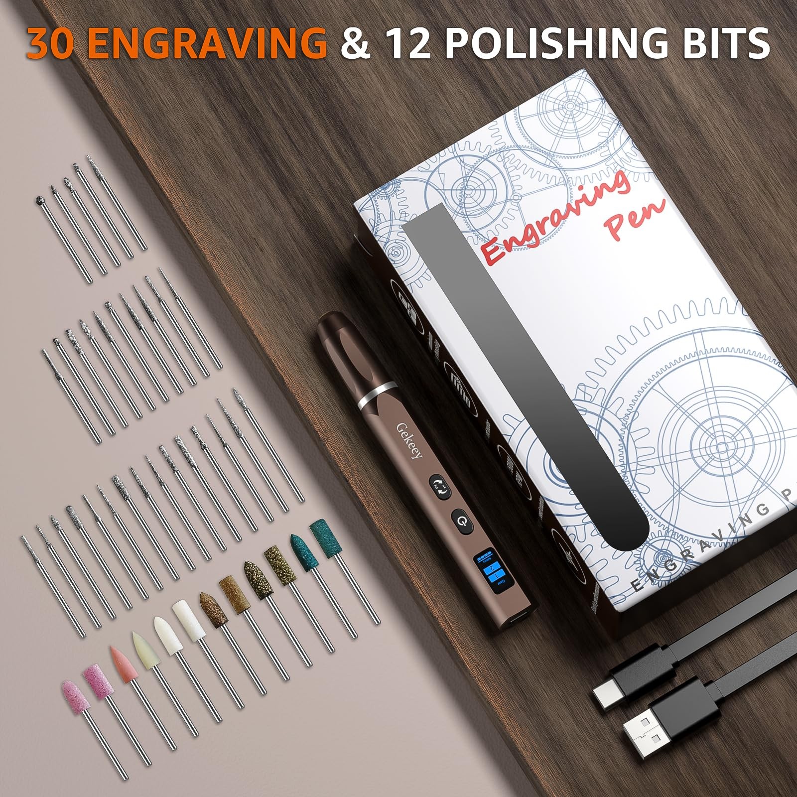 Gekeey Electric Engraving Pen, Cordless Rechargeable Mini Rotary Tool Brown