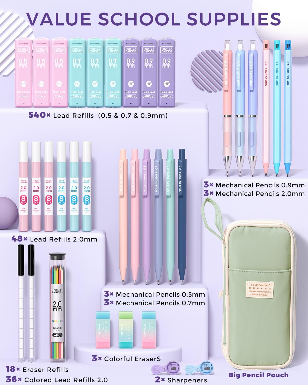 36 PCS Green Mechanical Pencil Set 0.5/0.7/0.9/2.0mm 624 Lead Refills School