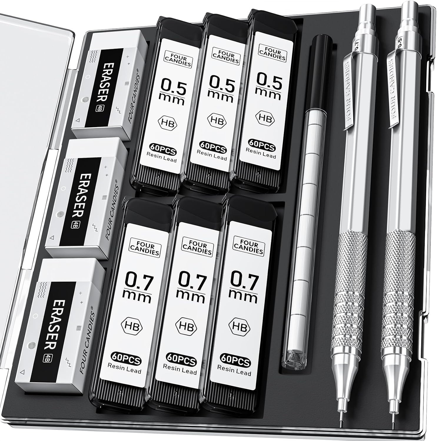Four Candies 2PCS 0.5Mm & 0.7 Mm Metal Mechanical Pencils Set, 360PCS Lead Refil