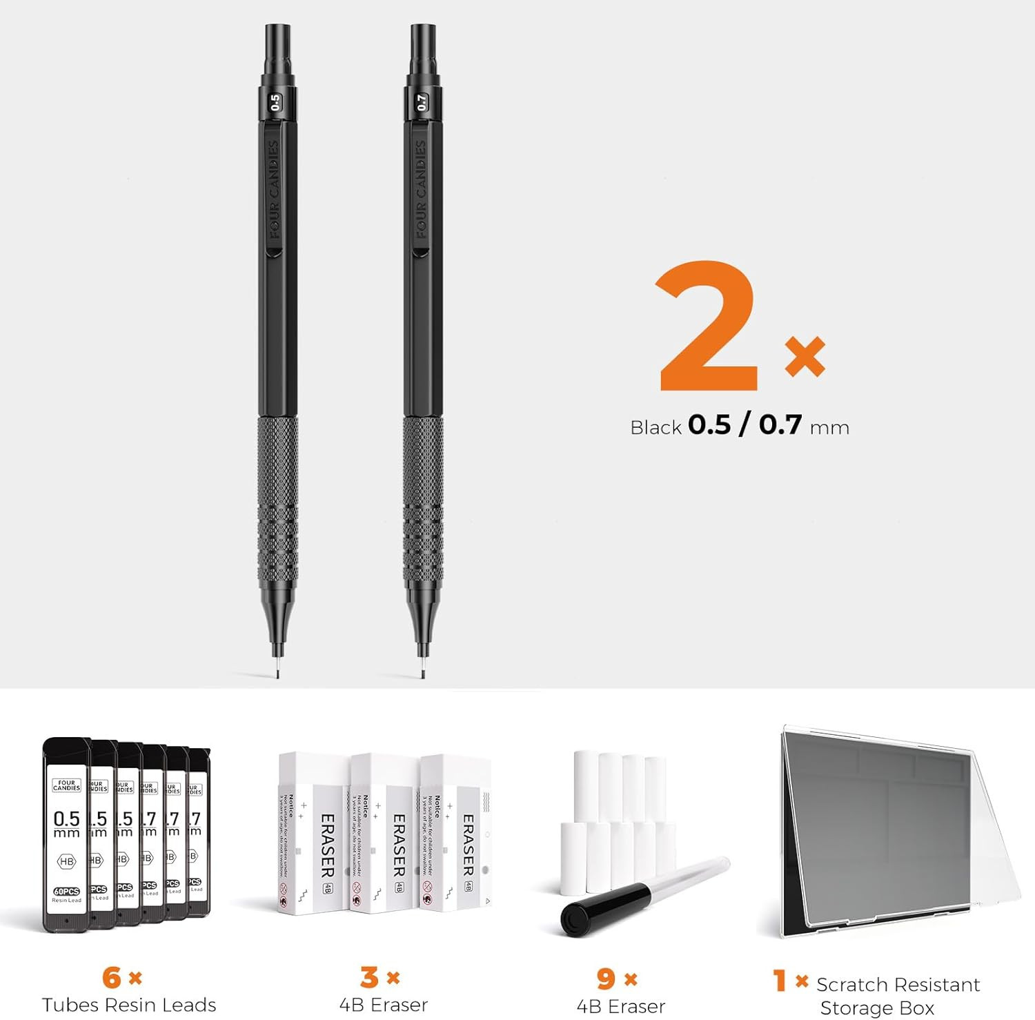 2PCS Metal Mechanical Pencils Set with Case, 0.5mm & 0.7 mm Artist Pencil with 6