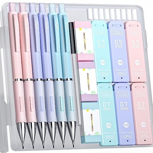 6PCS Cute Mechanical Pencil Set, 0.5mm & 0.7mm with 360PCS Lead 0.5mm+0.7mm
