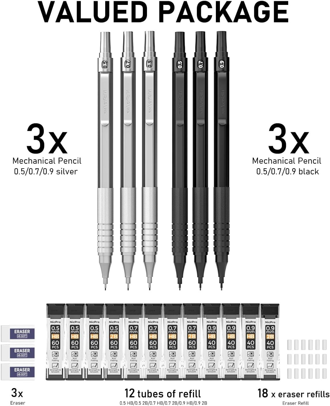 0.5 & 0.7 & 0.9 mm Metal Mechanical Pencil Set with Case, 6PCS MP1000 Artist …