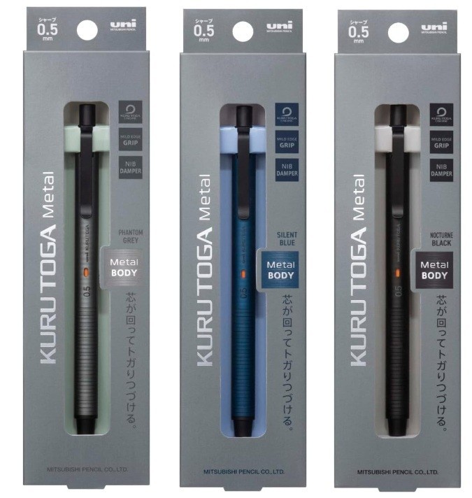 Uni KuruToga Metal 0.5mm Mechanical Pencil M5-KH Gray Blue Black Set of 3 New