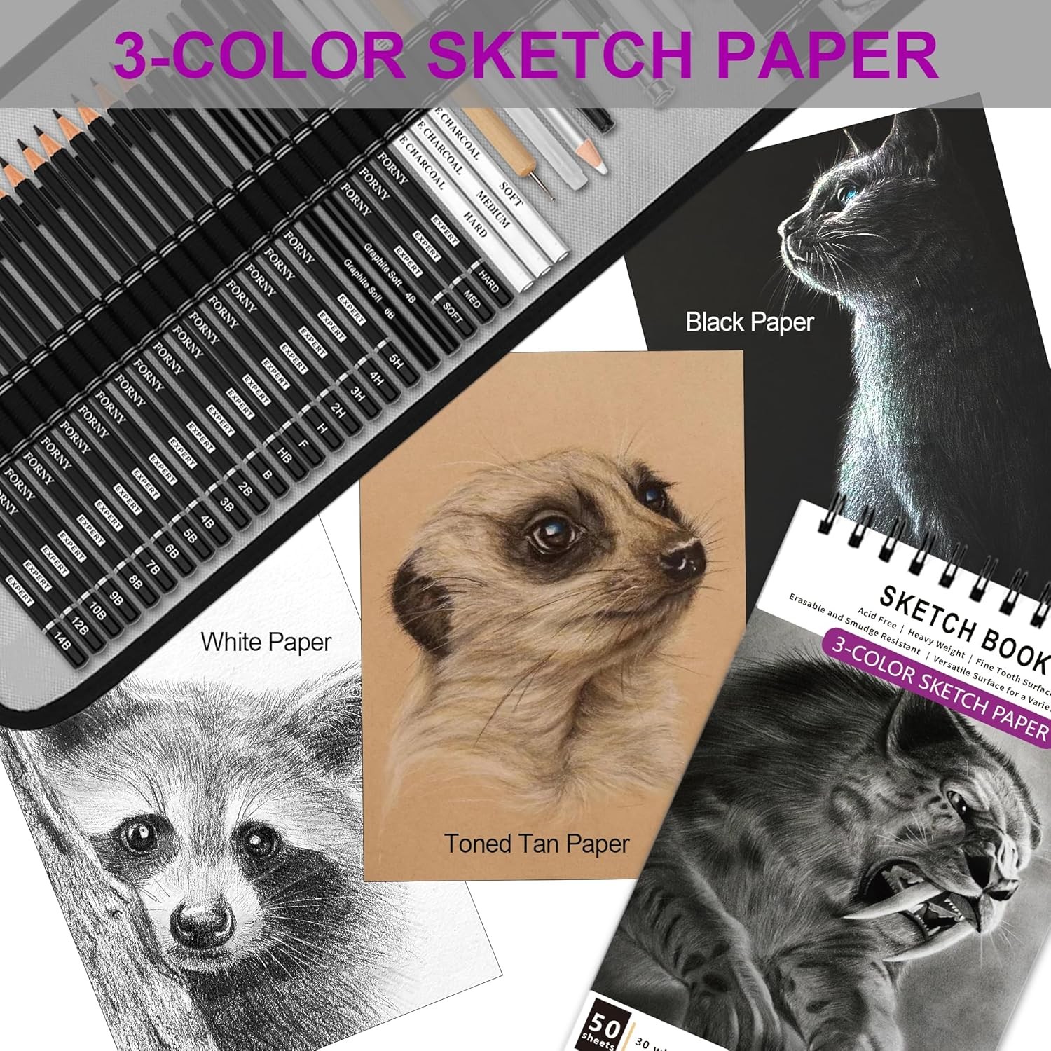HIFORNY 60 Pcs Drawing Kit Sketching Pencil Set,Sketch Pencils Art Black